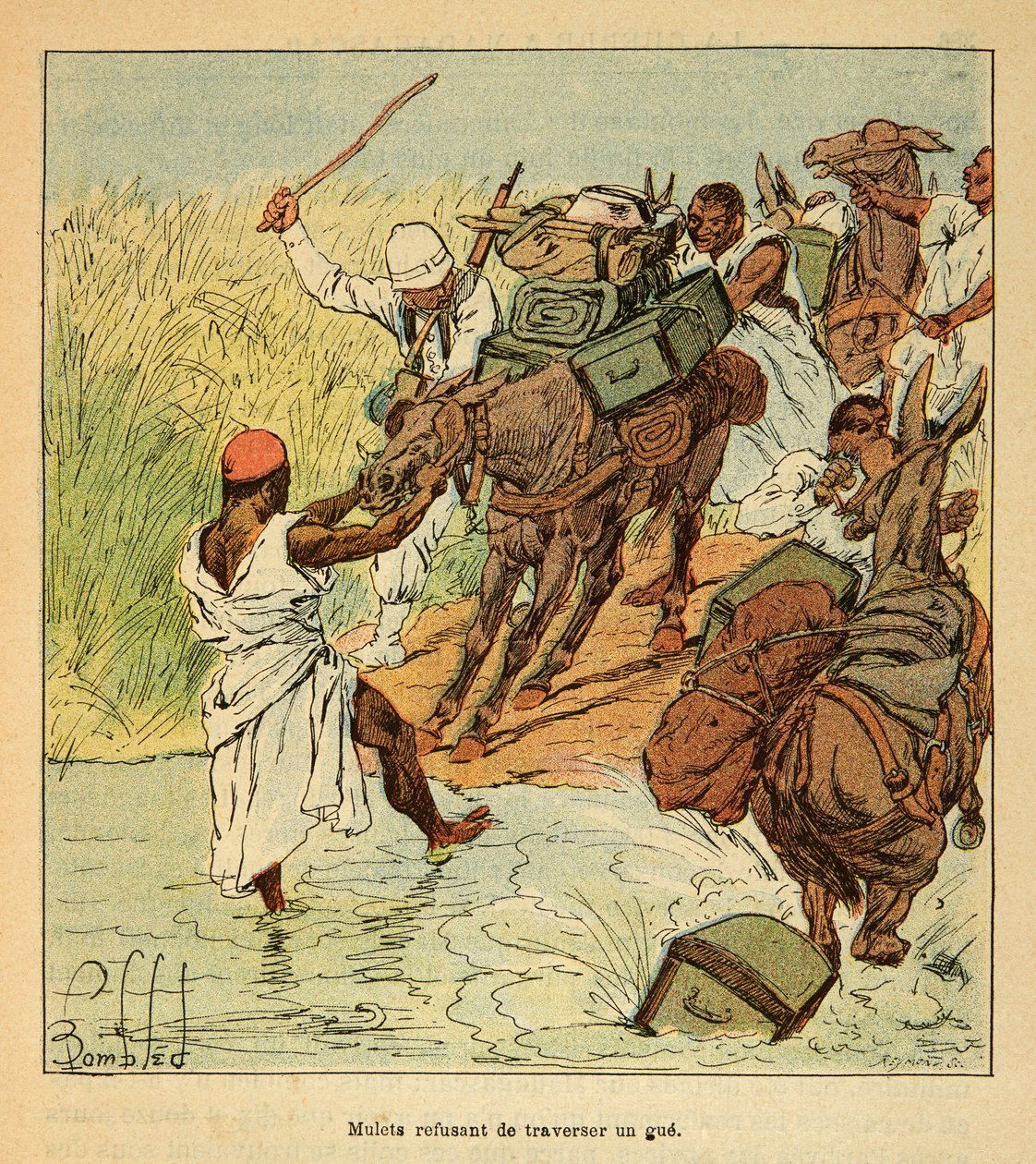 The War in Madagascar-Anecdotal History of the French Expeditions of 1885-1895 af Henri Galli dit Galllichet (1854-1922), illustreret af Louis Bombled (1862-1927): Mulet nægter at krydse en gue under den franske ekspedition til Madagaskar i 1895 , menig C af Louis Charles Bombled