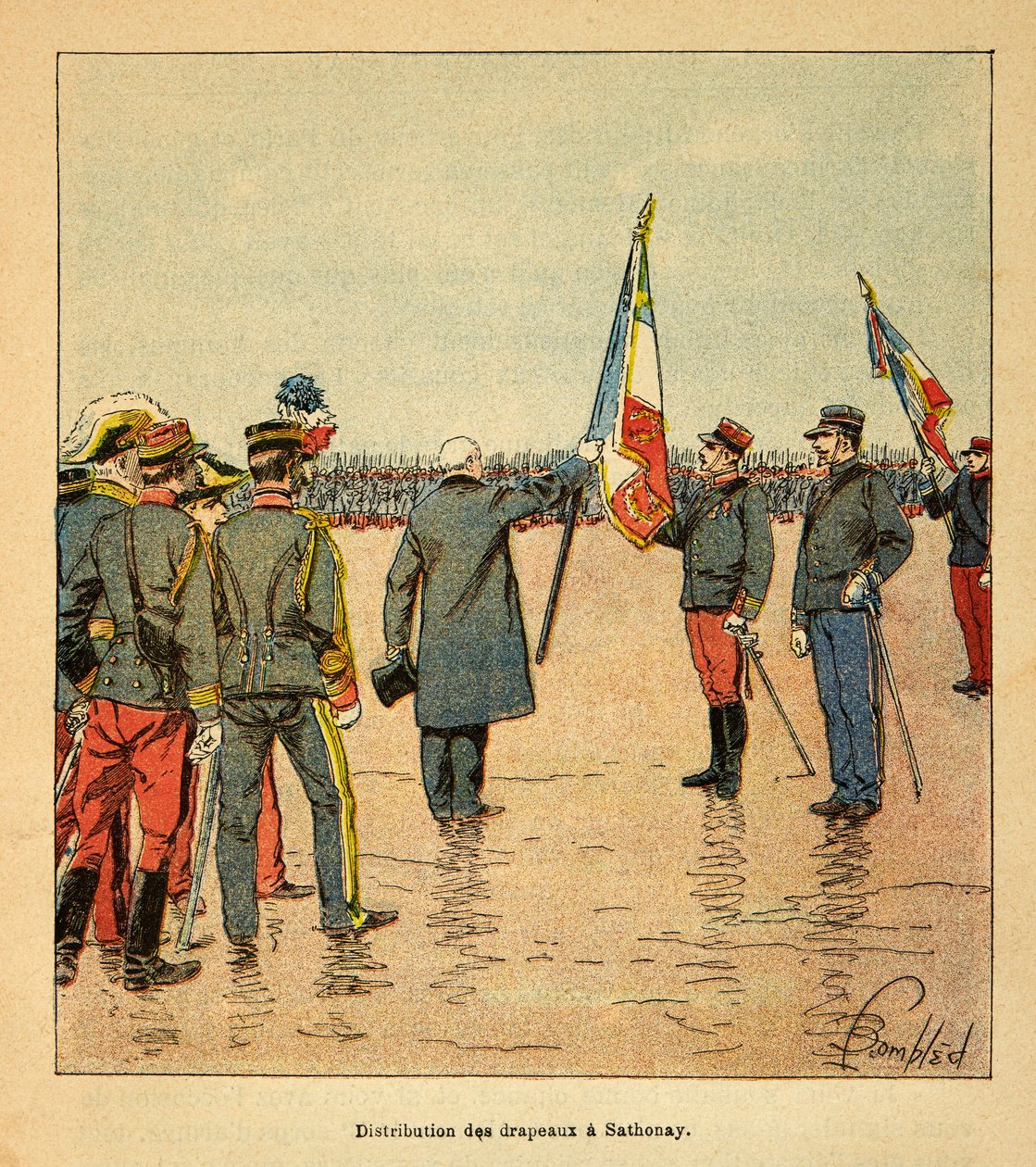 The War in Madagascar-Anecdotal History of the French Expeditions of 1885-1895 af Henri Galli dit Galllichet (1854-1922), illustreret af Louis Bombled (1862-1927): Uddeling af flag i Sathonay til de tropper, der afgik til Madagaskar i 1895 pres af Louis Charles Bombled