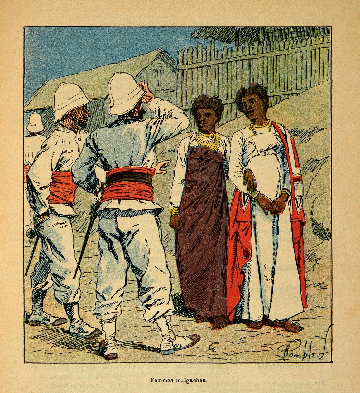 The War in Madagascar-Anekdotisk historie om de franske ekspeditioner i 1885-1895 af Henri Galli dit Galllichet (1854-1922), illustreret af Louis Bombled (1862-1927): Franske soldater, der sympatiserer med madagaskiske kvinder, privat samling af Louis Charles Bombled