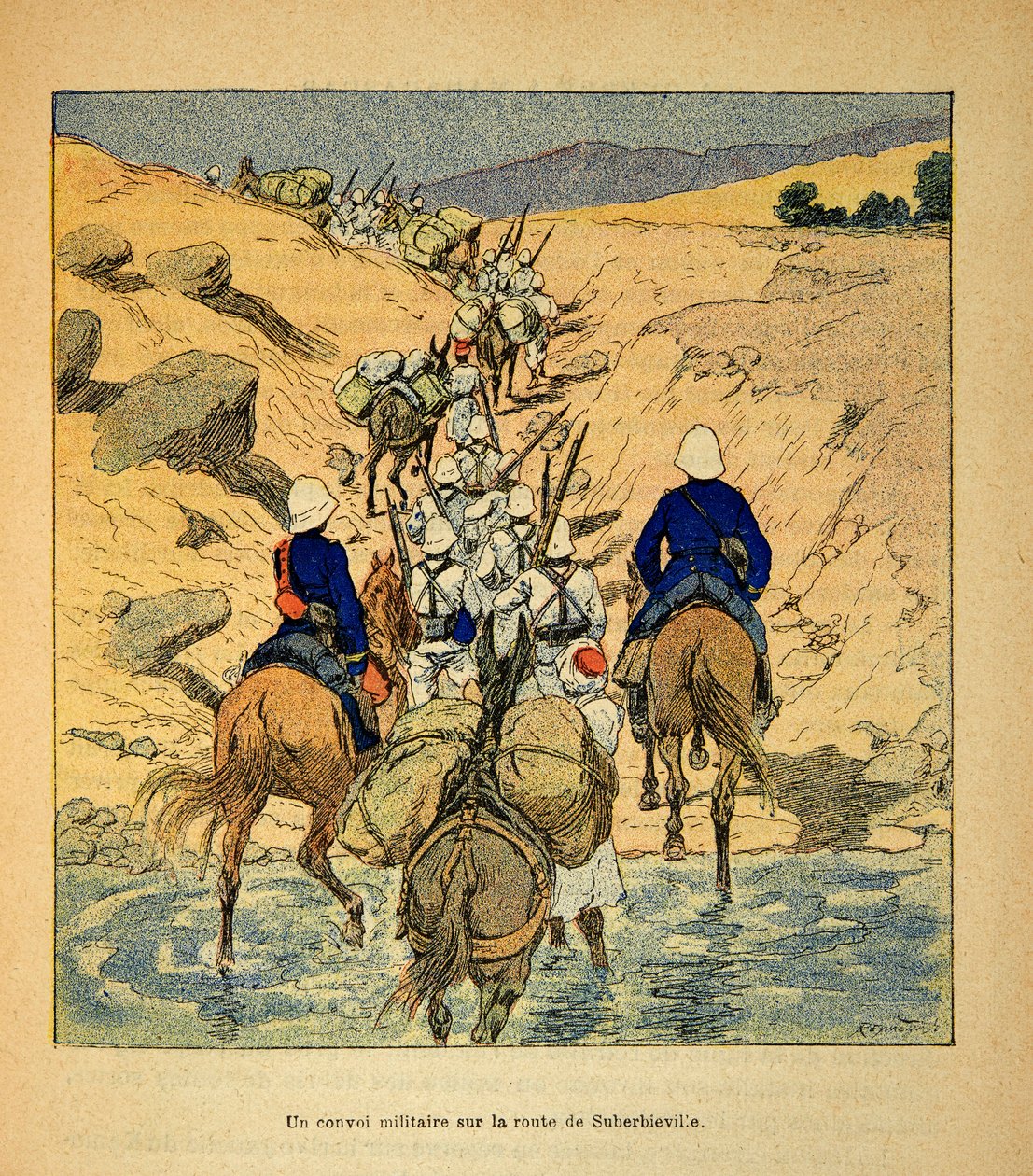 The War in Madagascar-Anekdotisk historie om de franske ekspeditioner i 1885-1895 af Henri Galli dit Galllichet (1854-1922), illustreret af Louis Bombled (1862-1927): en militærkonvoj på vejen til Suberbieville i 1895, privat samling af Louis Charles Bombled