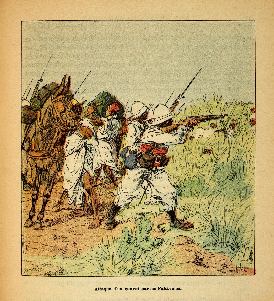 The War in Madagascar-Anekdotisk historie om de franske ekspeditioner i 1885-1895 af Henri Galli dit Galllichet (1854-1922), illustreret af Louis Bombled (1862-1927): Angreb på en militærkonvoj af Fahavolos, privat samling af Louis Charles Bombled