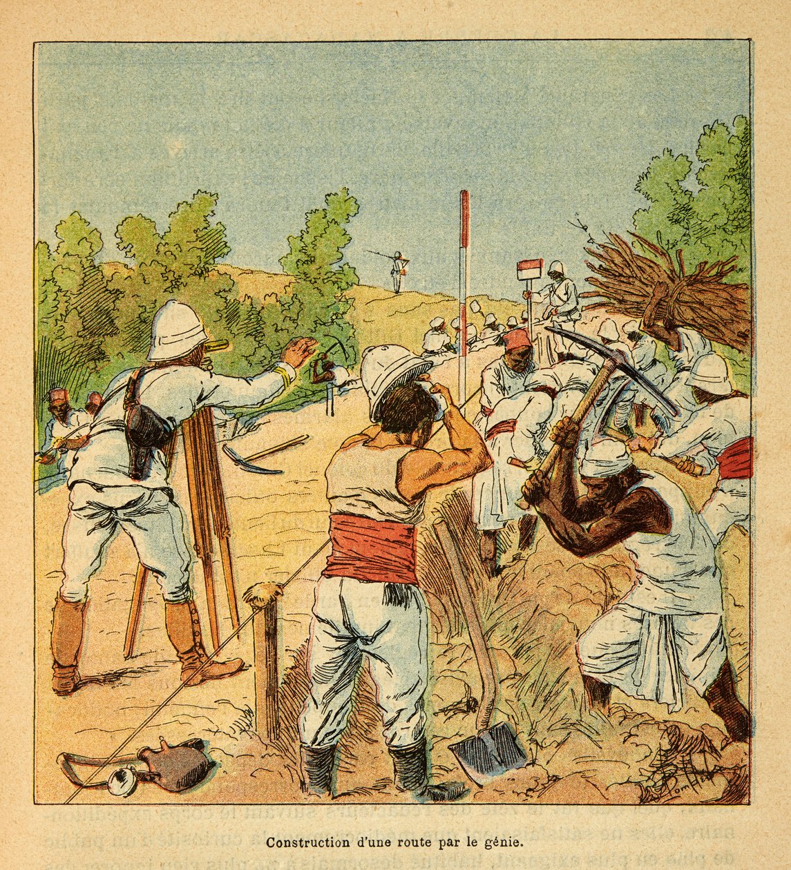 The War in Madagascar-Anecdotal History of the French Expeditions of 1885-1895 af Henri Galli dit Galllichet (1854-1922), illustreret af Louis Bombled (1862-1927): Anlæg af en vej i Madagaskar af Genie i 1895, privat samling af Louis Charles Bombled
