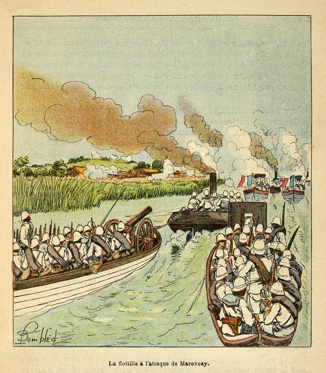 The War in Madagascar-Anekdotisk historie om de franske ekspeditioner i 1885-1895 af Henri Galli dit Galllichet (1854-1922), illustreret af Louis Bombled (1862-1927): Marineinfanteriet angreb byen Marovoay i 1895, privat samling af Louis Charles Bombled