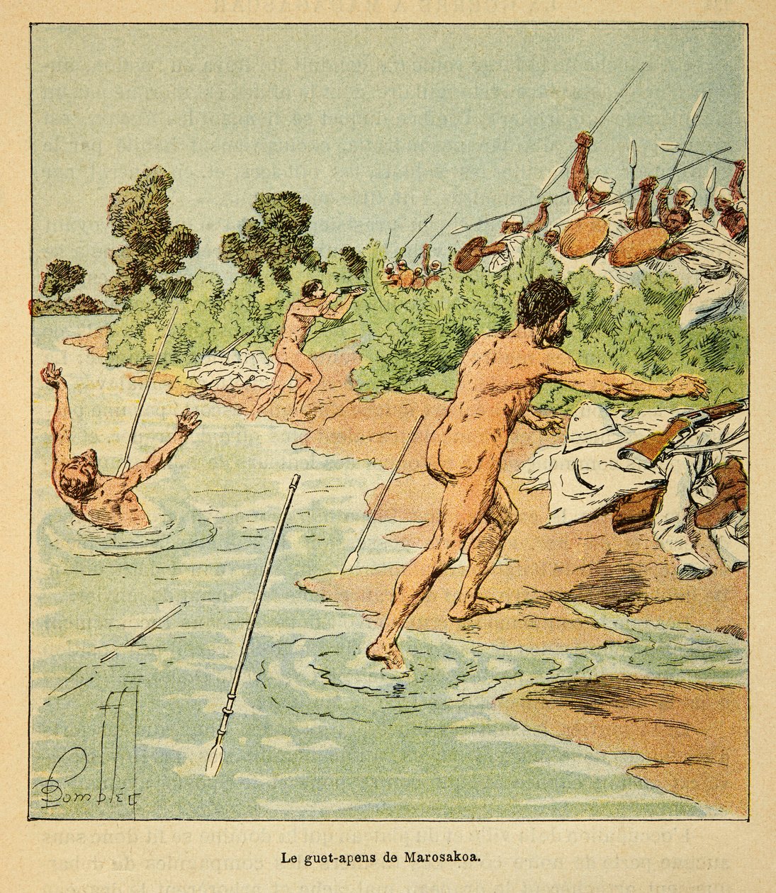 The War in Madagascar-Anekdotisk historie om de franske ekspeditioner i 1885-1895 af Henri Galli dit Galllichet (1854-1922), illustreret af Louis Bombled (1862-1927): Sakalaves angriber franske forhandlere ved Marosakoa i 1895, privat samling af Louis Charles Bombled