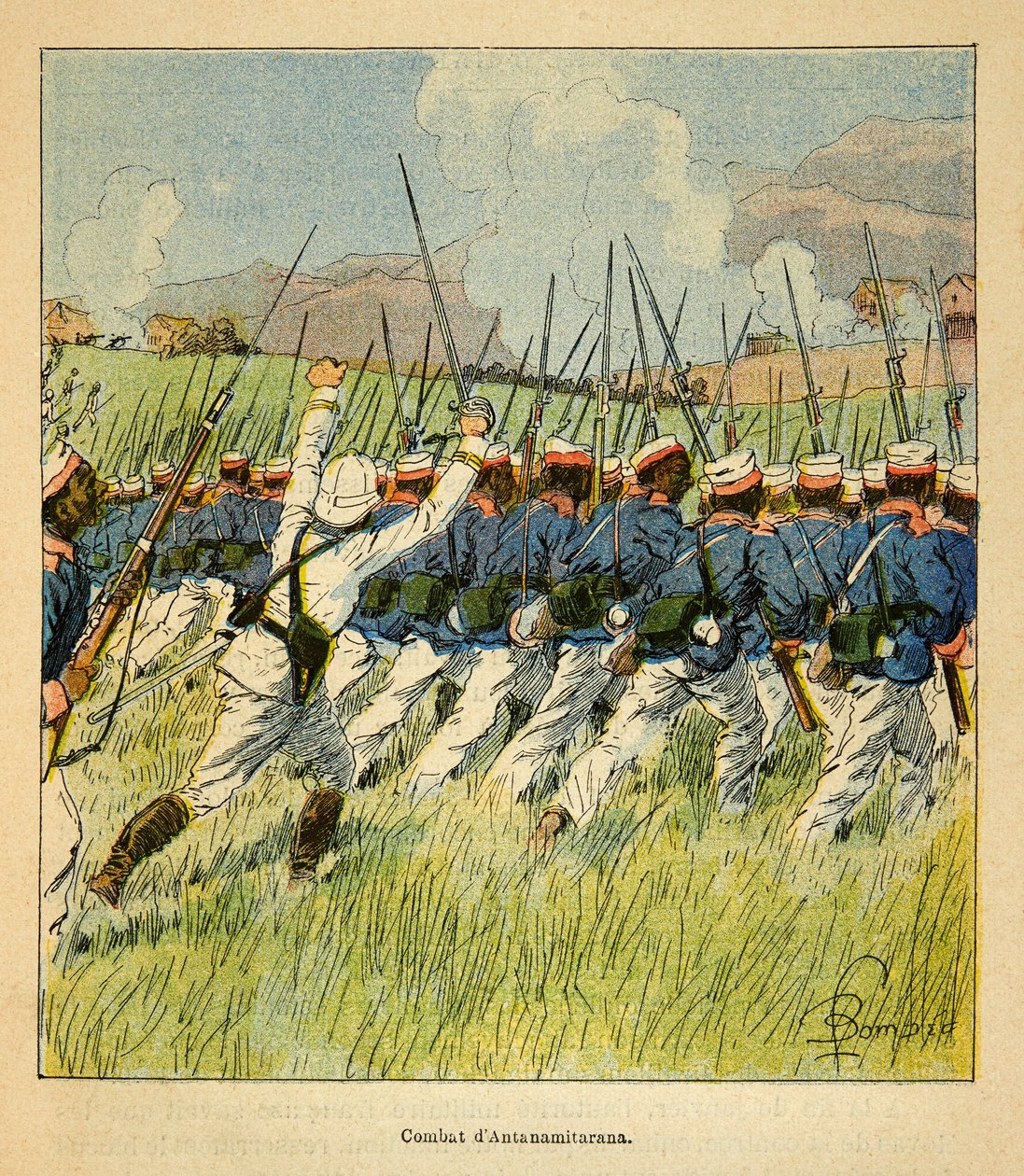 The War in Madagascar-Anekdotisk historie om de franske ekspeditioner i 1885-1895 af Henri Galli dit Galllichet (1854-1922), illustreret af Louis Bombled (1862-1927): Franske tropper under Antanamitarana-slagene i 1895, Privat samling af Louis Charles Bombled