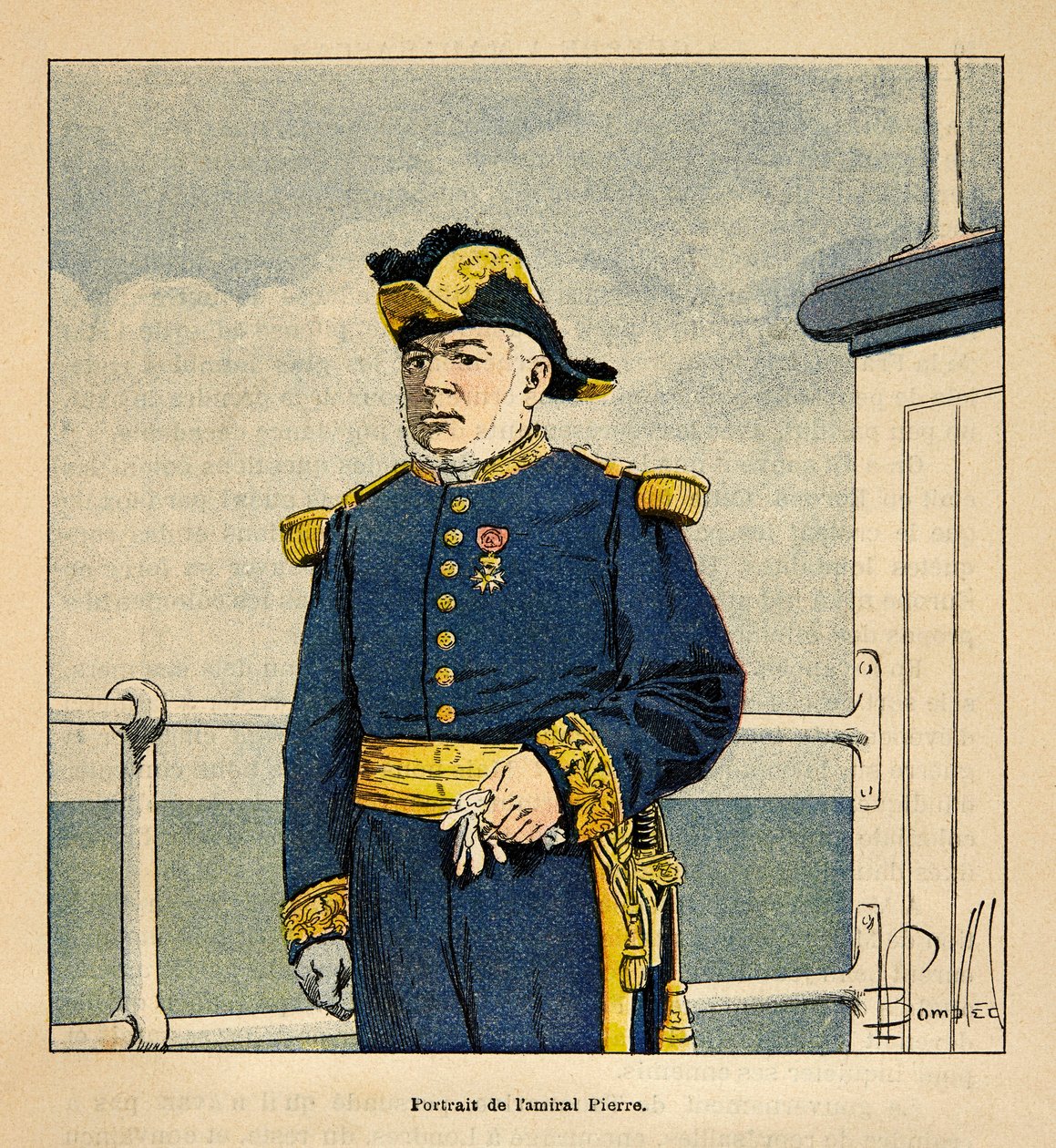The War in Madagascar-Anekdotisk historie om de franske ekspeditioner i 1885-1895 af Henri Galli dit Galllichet (1854-1922), illustreret af Louis Bombled (1862-1927): Portræt af admiral Pierre (1827-1883), privat samling af Louis Charles Bombled
