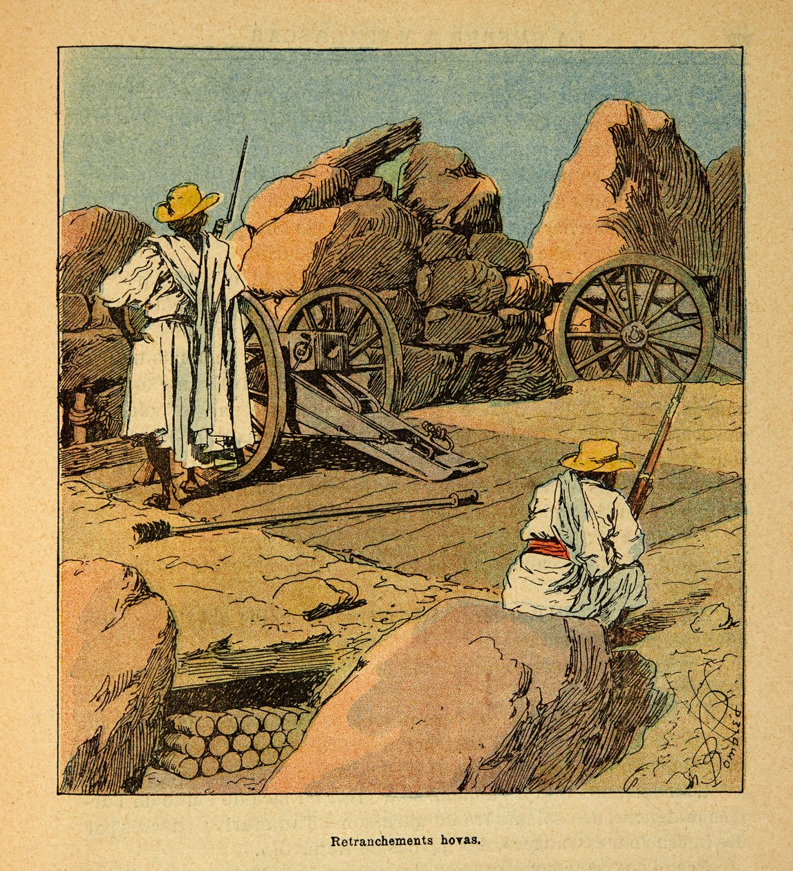 The War in Madagascar-Anecdotal History of the French Expeditions of 1885-1895 af Henri Galli dit Galllichet (1854-1922), illustreret af Louis Bombled (1862-1927): Retrenchment of Hovas-tropper i 1895 i Tananarive, Private Collection af Louis Charles Bombled