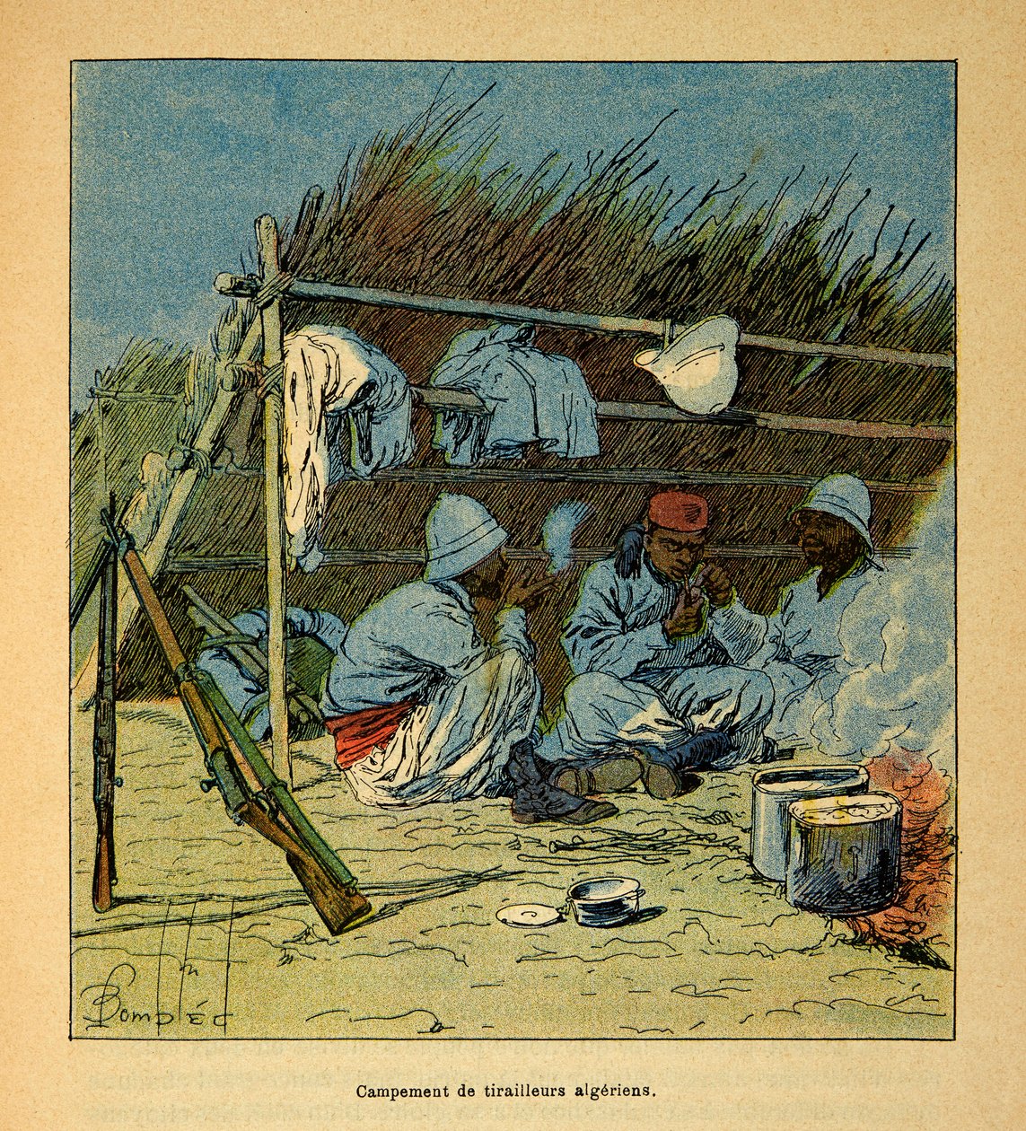 The War in Madagascar-Anekdotisk historie om de franske ekspeditioner i 1885-1895 af Henri Galli dit Galllichet (1854-1922), illustreret af Louis Bombled (1862-1927): Algerians lejr i Madagaskar i 1895, privat samling af Louis Charles Bombled
