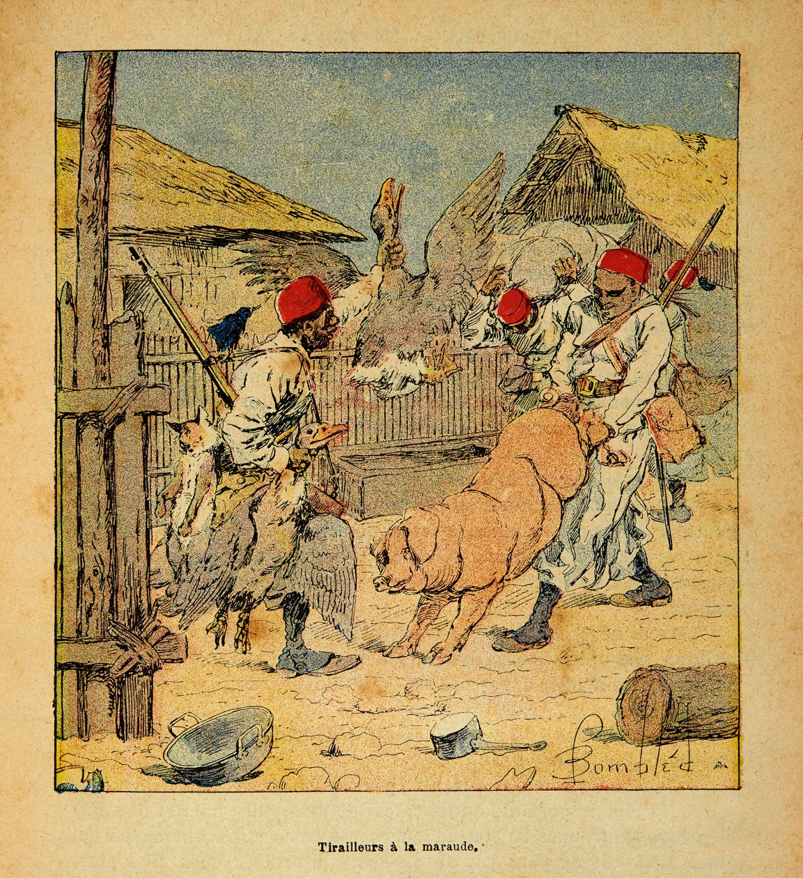 The War in Madagascar-Anekdotisk historie om de franske ekspeditioner i 1885-1895 af Henri Galli dit Galllichet (1854-1922), illustreret af Louis Bombled (1862-1927): Plyndringer af Tirailleurs i gårde, privat samling af Louis Charles Bombled