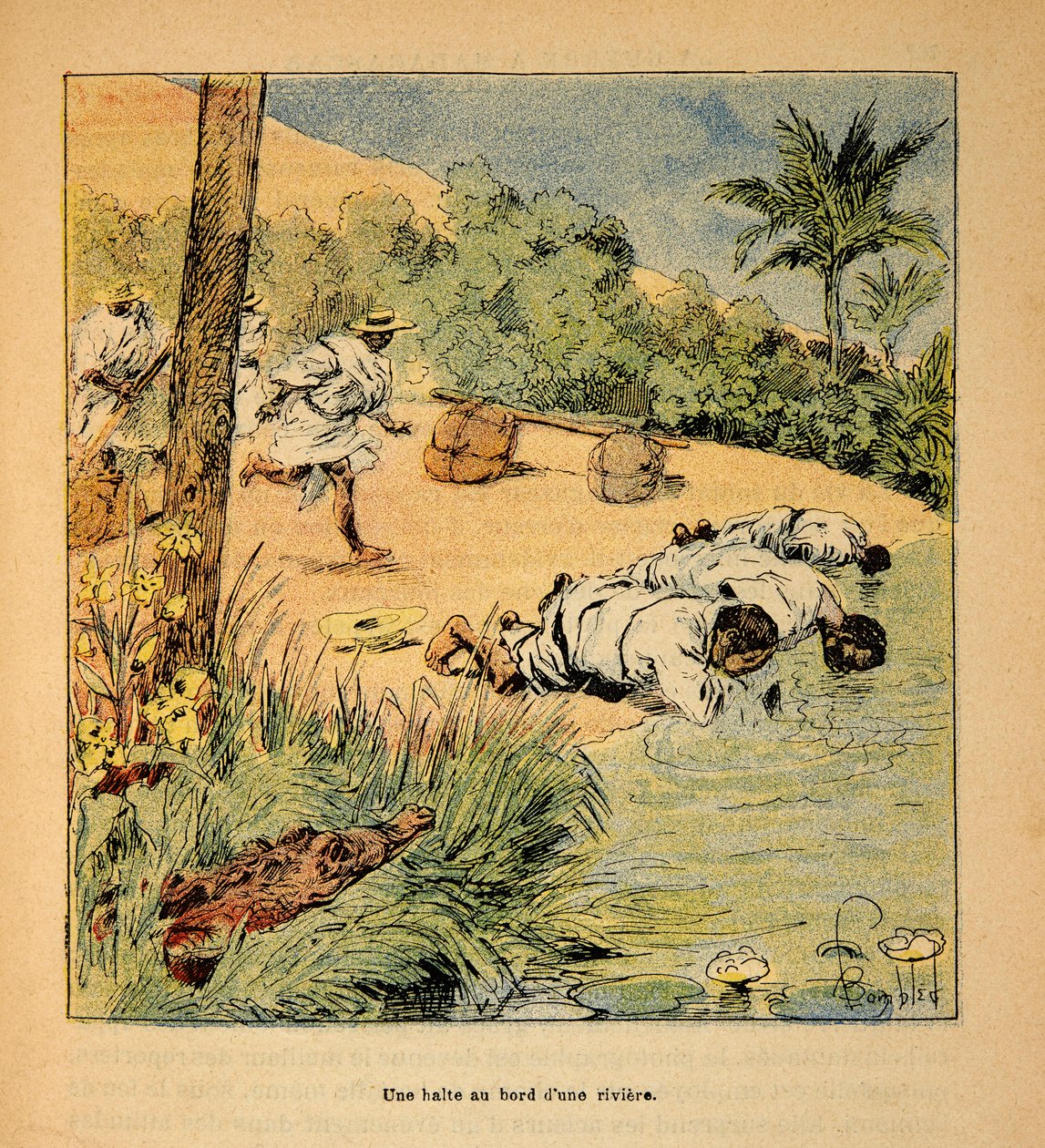 The War in Madagascar-Anekdotisk historie om de franske ekspeditioner i 1885-1895 af Henri Galli dit Galllichet (1854-1922), illustreret af Louis Bombled (1862-1927): Et stop ved floden i 1895, privat samling af Louis Charles Bombled
