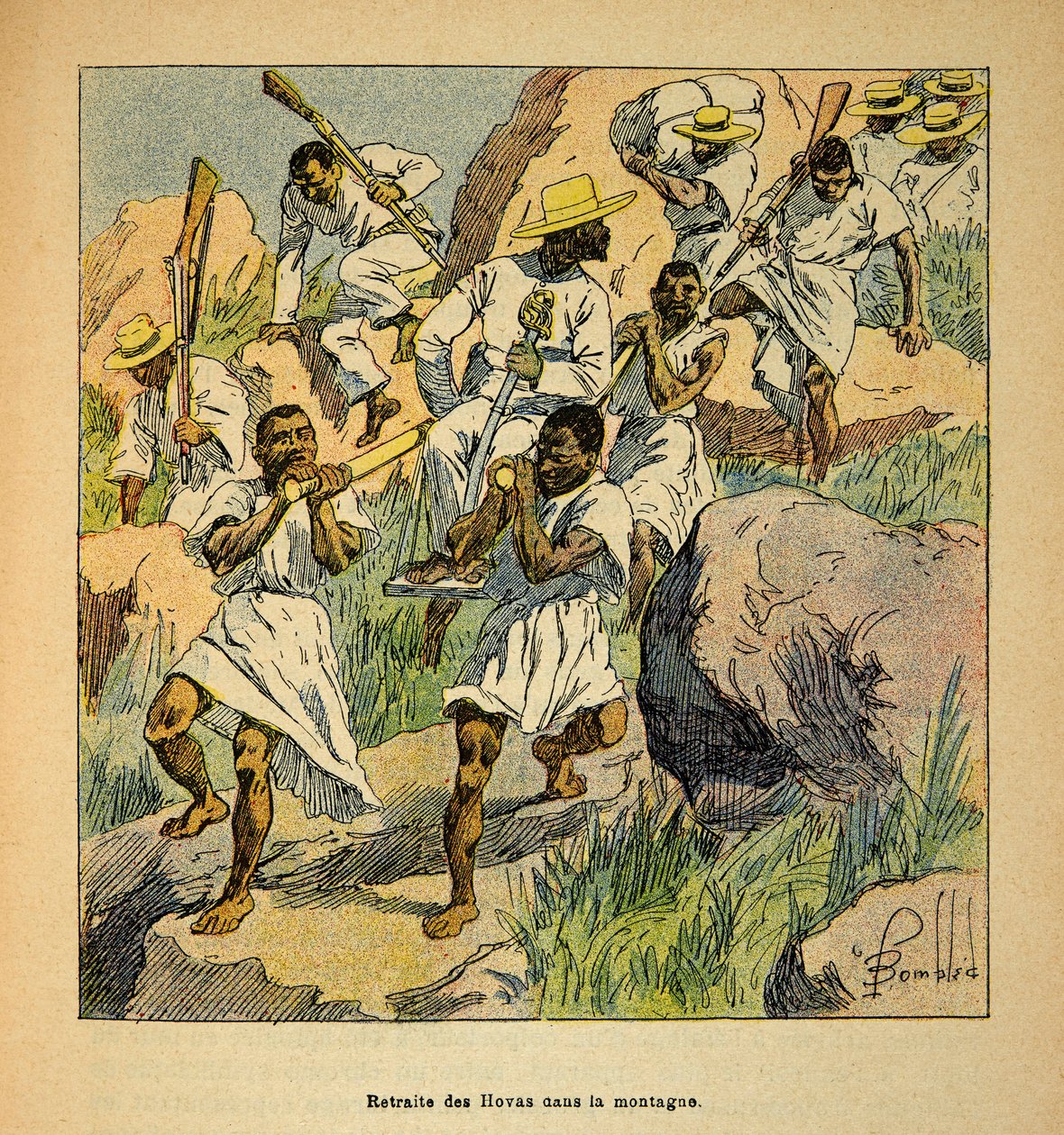 The War in Madagascar-Anekdotisk historie om de franske ekspeditioner i 1885-1895 af Henri Galli dit Galllichet (1854-1922), illustreret af Louis Bombled (1862-1927): Retreat of Hovas Troops in the Mountains, Private Collection af Louis Charles Bombled