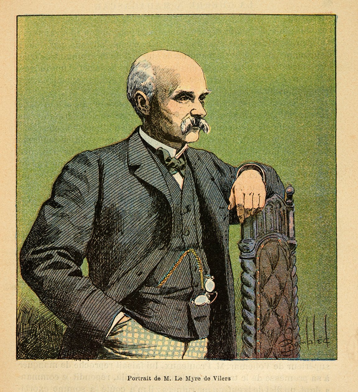 Krigen i Madagaskar - en anekdotisk historie om de franske ekspeditioner i 1885-1895 af Henri Galli dit Galllichet (1854-1922), illustreret af Louis Bombled (1862-1927): Portræt af M. Le Myre de Vilers (1833-1918), generalresident i Madagaskar i 1886, meni af Louis Charles Bombled