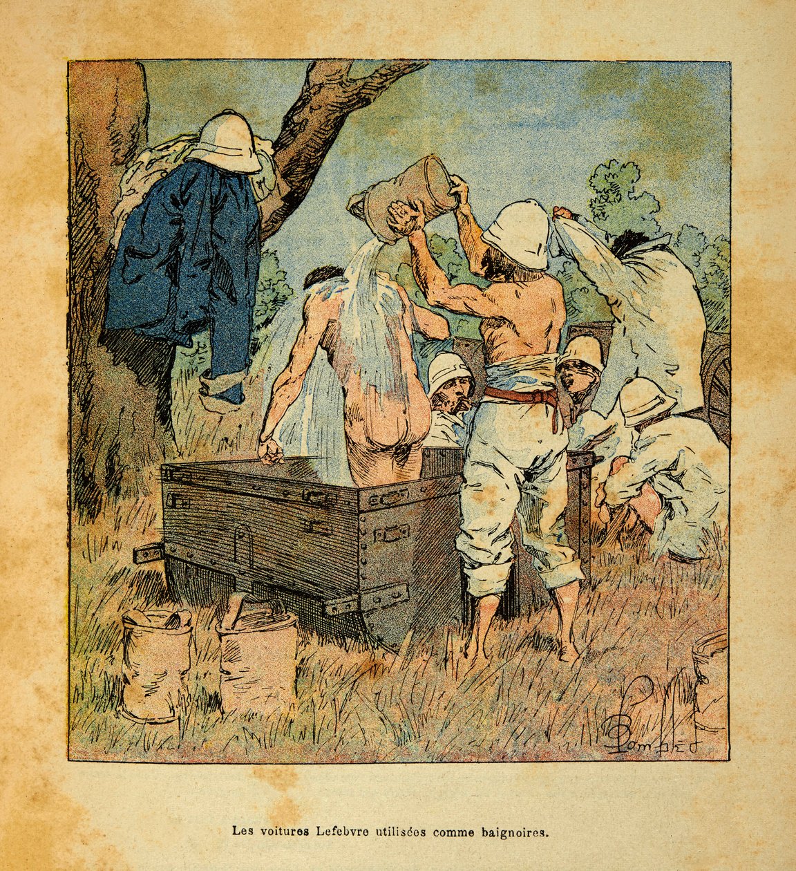 The War in Madagascar-Anecdotal History of the French Expeditions of 1885-1895 af Henri Galli dit Galllichet (1854-1922), illustreret af Louis Bombled (1862-1927): Lefebvre-bilerne brugt som badekar af soldater i 1895 på Madagaskar, Privat samling af Louis Charles Bombled