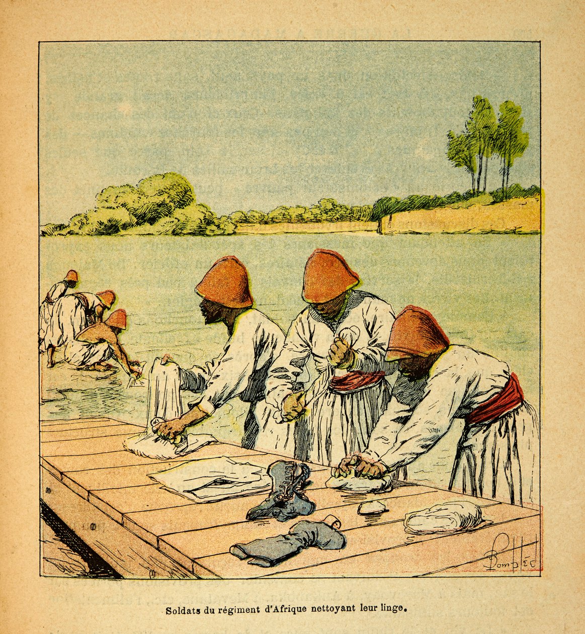 The War in Madagascar-Anecdotal History of the French Expeditions of 1885-1895 af Henri Galli dit Galllichet (1854-1922), illustreret af Louis Bombled (1862-1927): Soldater fra det afrikanske regiment renser deres vasketøj på bredden af en flod på Madagasc af Louis Charles Bombled