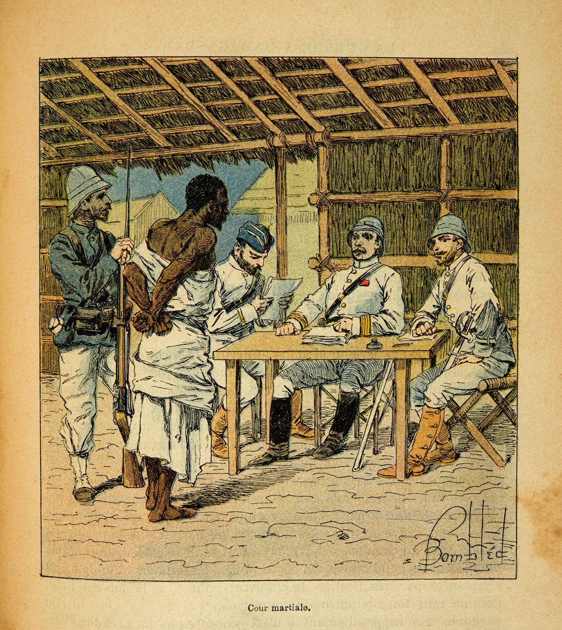 The War in Madagascar-Anekdotisk historie om de franske ekspeditioner i 1885-1895 af Henri Galli dit Galllichet (1854-1922), illustreret af Louis Bombled (1862-1927): Forhør af en Hovas-fange af den franske, privat samling af Louis Charles Bombled