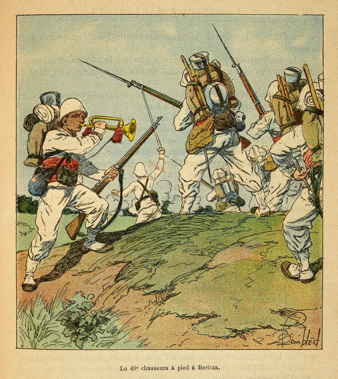 The War in Madagascar-Anekdotisk historie om de franske ekspeditioner i 1885-1895 af Henri Galli dit Galllichet (1854-1922), illustreret af Louis Bombled (1862-1927): De 40. jægere til fods under kampene i Beritza i 1895, privat Kollektion af Louis Charles Bombled