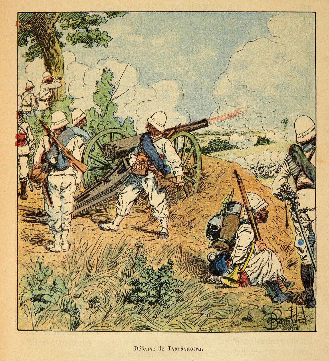 The War in Madagascar-Anecdotal History of the French Expeditions of 1885-1895 af Henri Galli dit Galllichet (1854-1922), illustreret af Louis Bombled (1862-1927): Tsarasaotras forsvar i 1895, privat samling af Louis Charles Bombled