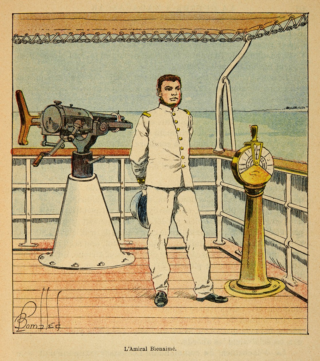 The War in Madagascar-Anekdotisk historie om de franske ekspeditioner 1885-1895 af Henri Galli dit Galllichet (1854-1922), illustreret af Louis Bombled (1862-1927): Portræt af admiral Bienaime (1843-1930), privat samling af Louis Charles Bombled