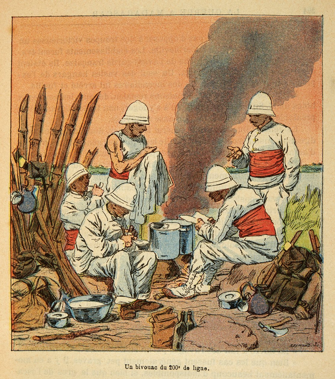 The War in Madagascar-Anecdotal History of the French Expeditions of 1885-1895 af Henri Galli dit Galllichet (1854-1922), illustreret af Louis Bombled (1862-1927): En bivuak af den 200. linje i Madagaskar i 1895, privat samling af Louis Charles Bombled