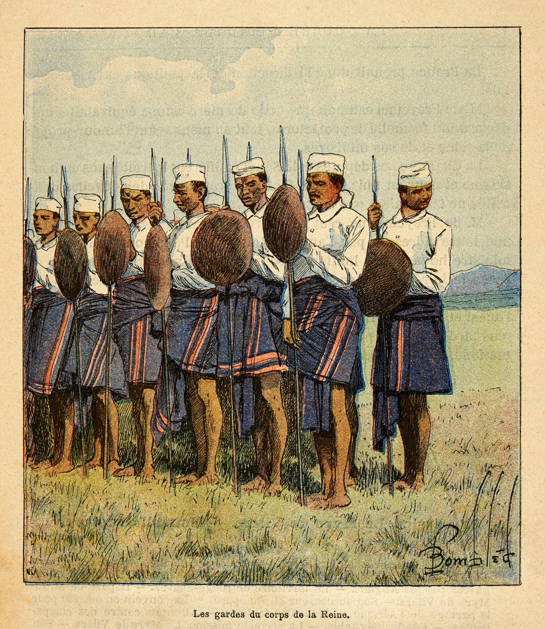 The War in Madagascar-Anekdotisk historie om de franske ekspeditioner 1885-1895 af Henri Galli dit Galllichet (1854-1922), illustreret af Louis Bombled (1862-1927): Dronningen Ranavalonas vagter, privat samling af Louis Charles Bombled