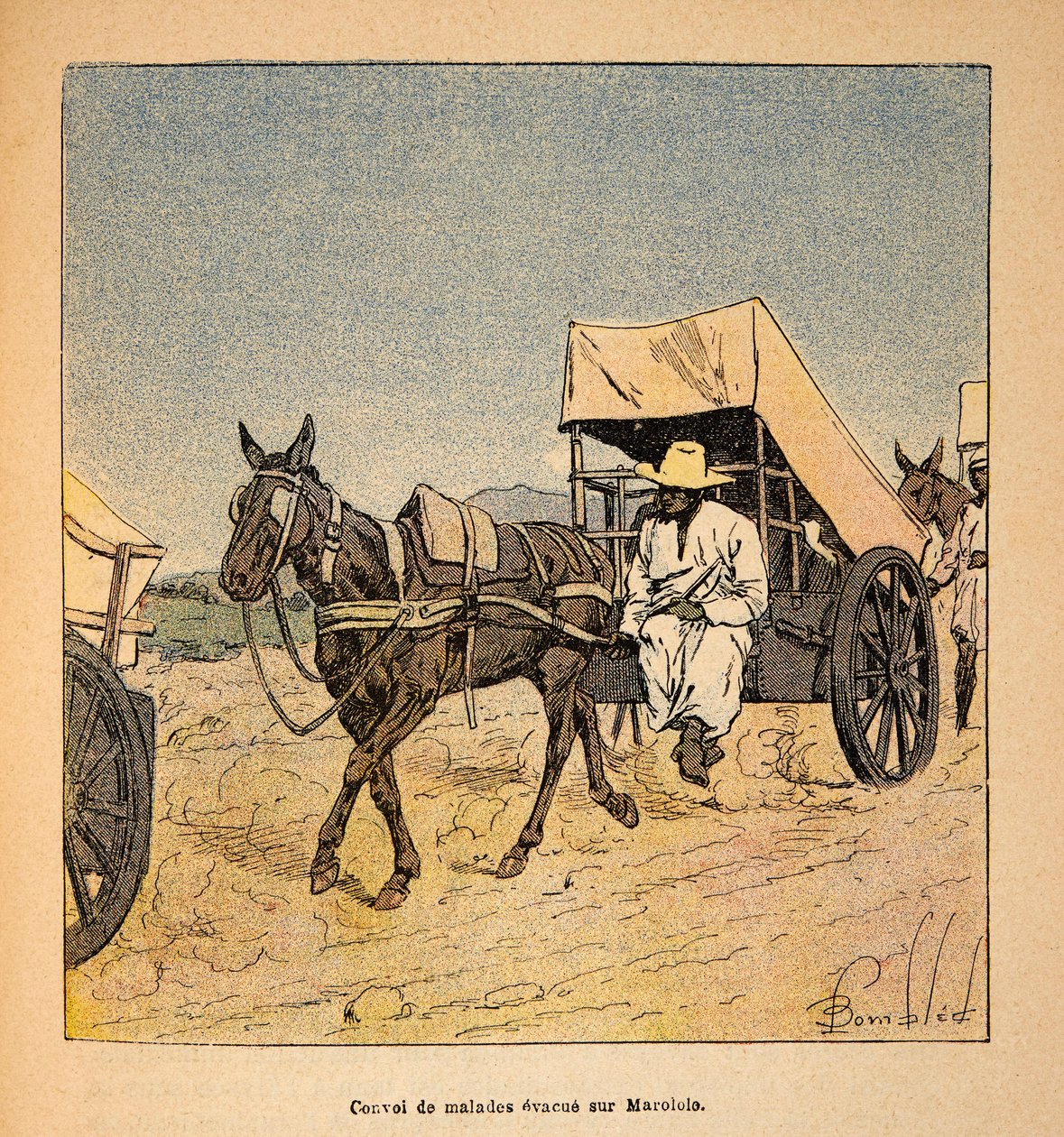 The War in Madagascar-Anecdotal History of the French Expeditions of 1885-1895 af Henri Galli dit Galllichet (1854-1922), illustreret af Louis Bombled (1862-1927): Convoy of Sick Escapes on Marololo, Private Collection af Louis Charles Bombled