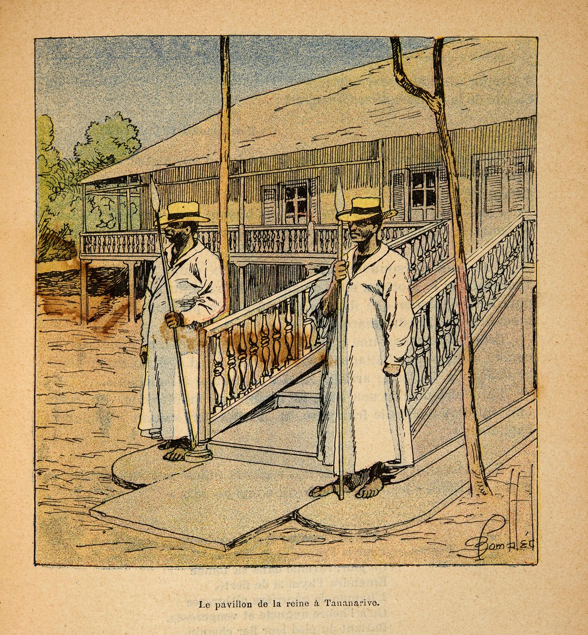 The War in Madagascar-Anekdotisk historie om de franske ekspeditioner i 1885-1895 af Henri Galli dit Galllichet (1854-1922), illustreret af Louis Bombled (1862-1927): Dronning Ranavalonas pavillon i Tananarive i 1895, privat samling af Louis Charles Bombled