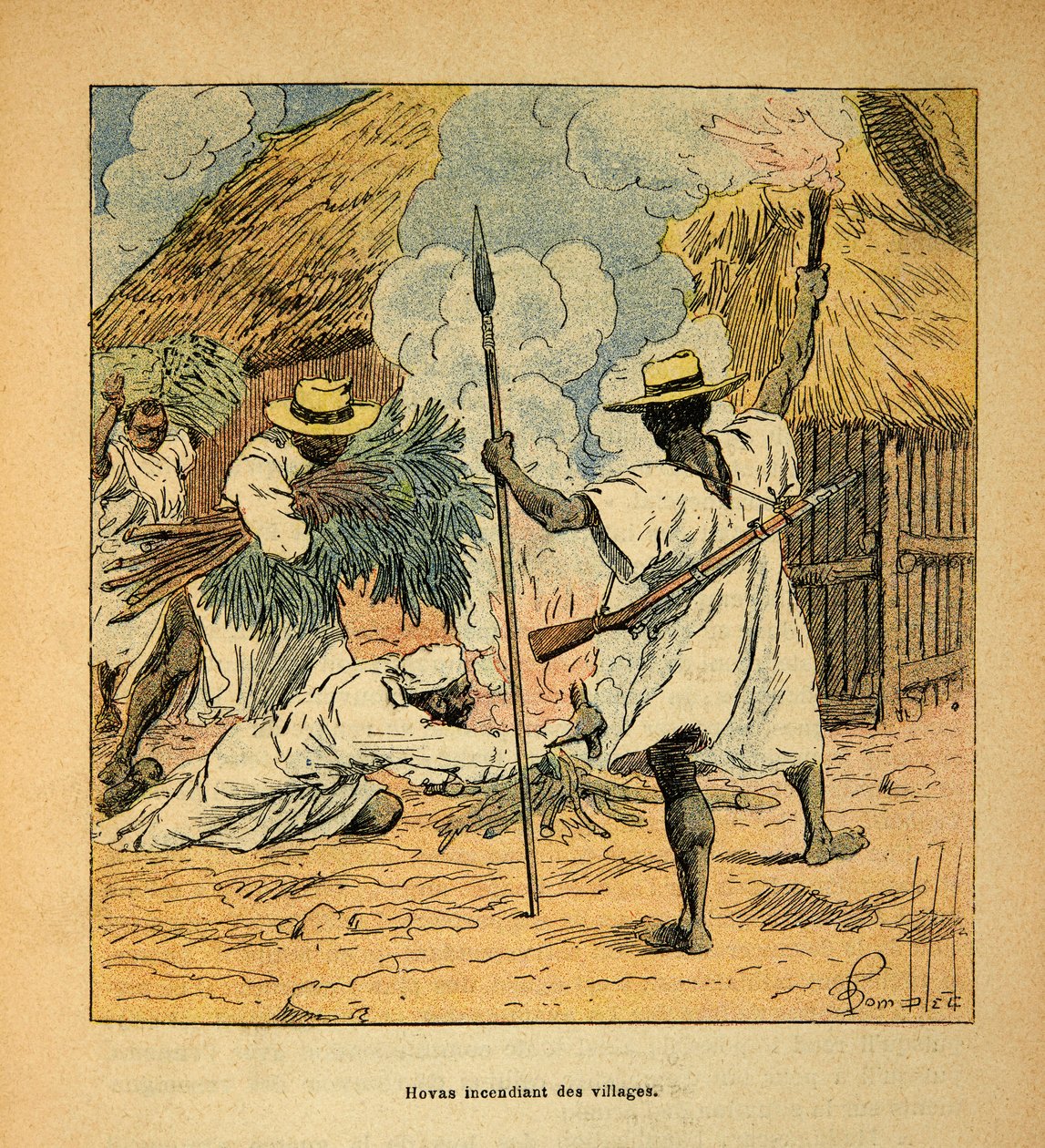 The War in Madagascar-Anekdotisk historie om de franske ekspeditioner i 1885-1895 af Henri Galli dit Galllichet (1854-1922), illustreret af Louis Bombled (1862-1927): Hovas brændende landsbyer, privat samling af Louis Charles Bombled