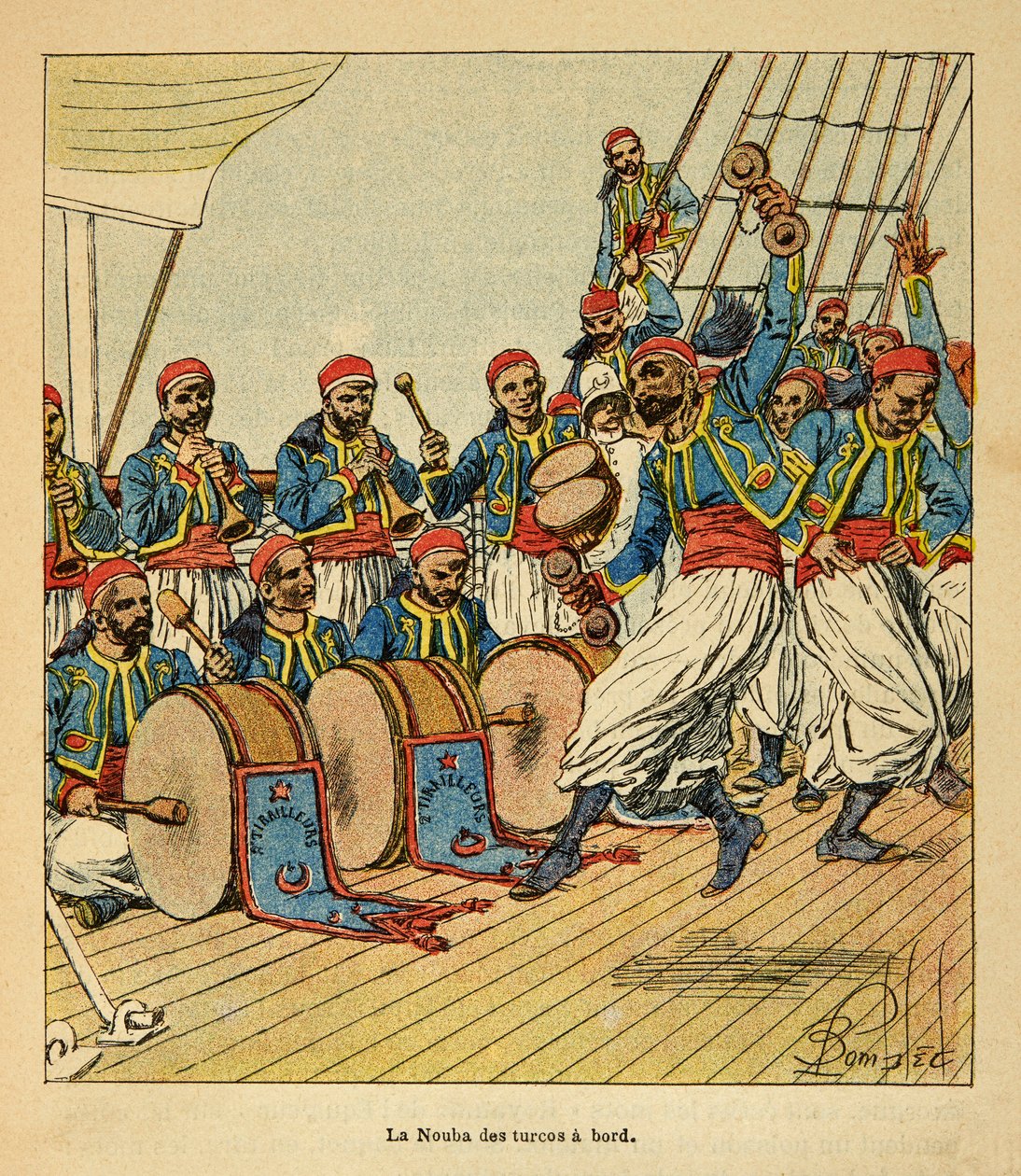 The War in Madagascar-Anekdotisk historie om de franske ekspeditioner 1885-1895 af Henri Galli dit Galllichet (1854-1922), illustreret af Louis Bombled (1862-1927): De ni tyrkere ombord på skibet, der sejler til Madagaskar, privat samling af Louis Charles Bombled