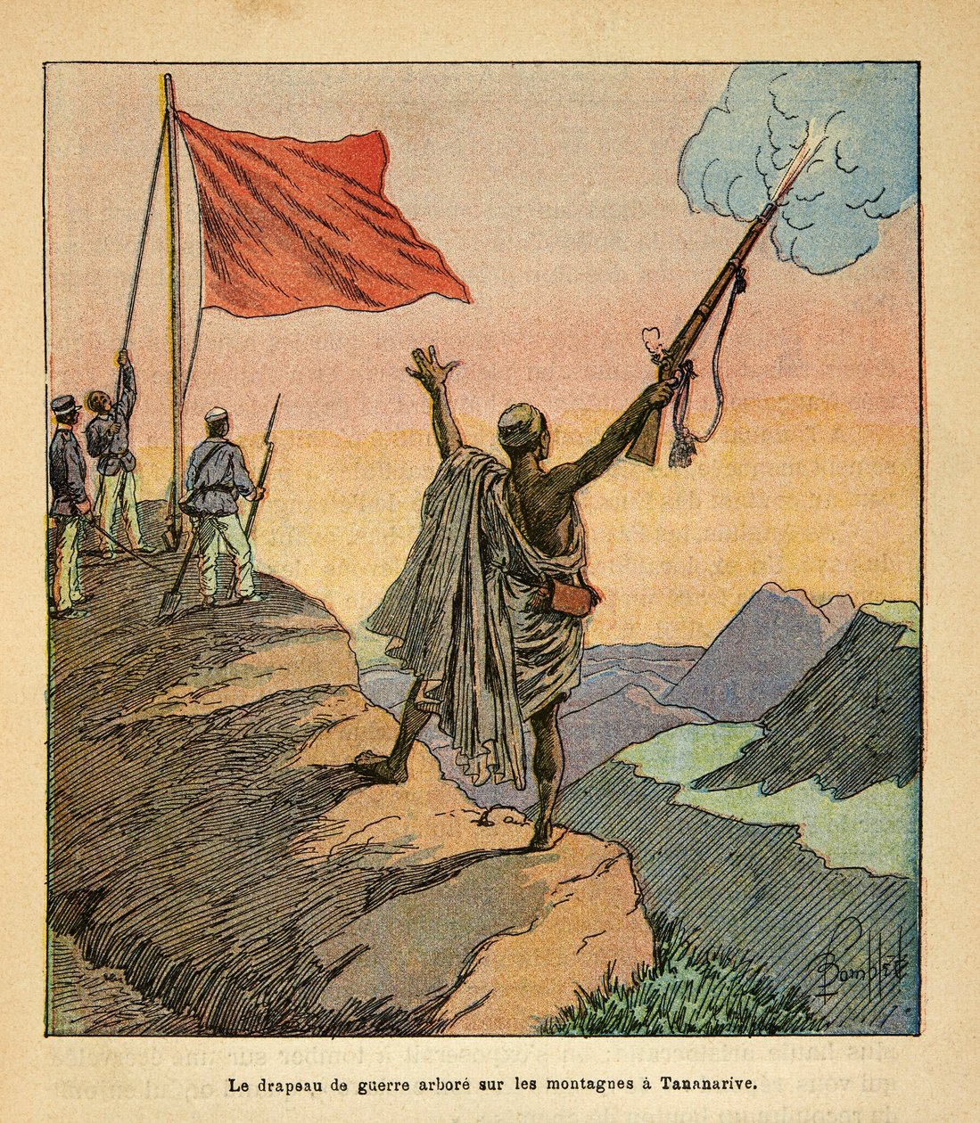 The War in Madagascar-Anekdotisk historie om de franske ekspeditioner i 1885-1895 af Henri Galli dit Galllichet (1854-1922), illustreret af Louis Bombled (1862-1927): Den madagaskiske røde krigsflagplante på Tananarive-bjergene, privat samling af Louis Charles Bombled
