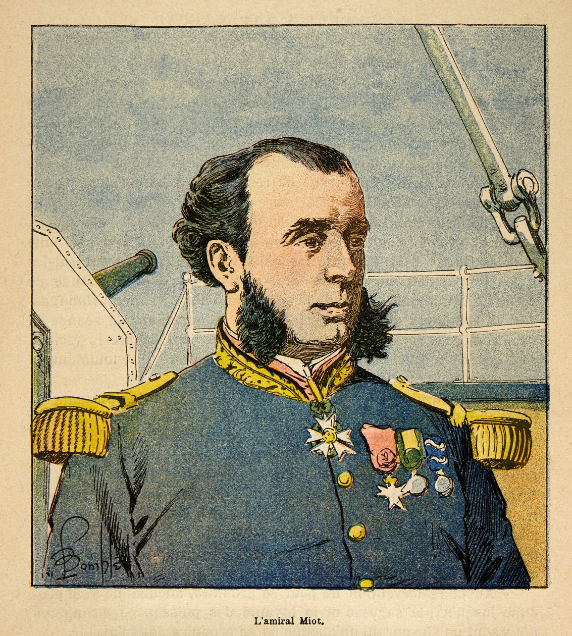 The War in Madagascar-Anekdotisk historie om de franske ekspeditioner i 1885-1895 af Henri Galli dit Galllichet (1854-1922), illustreret af Louis Bombled (1862-1927): Portræt af admiral Paul Emile Miot (1827-1900), privat samling af Louis Charles Bombled