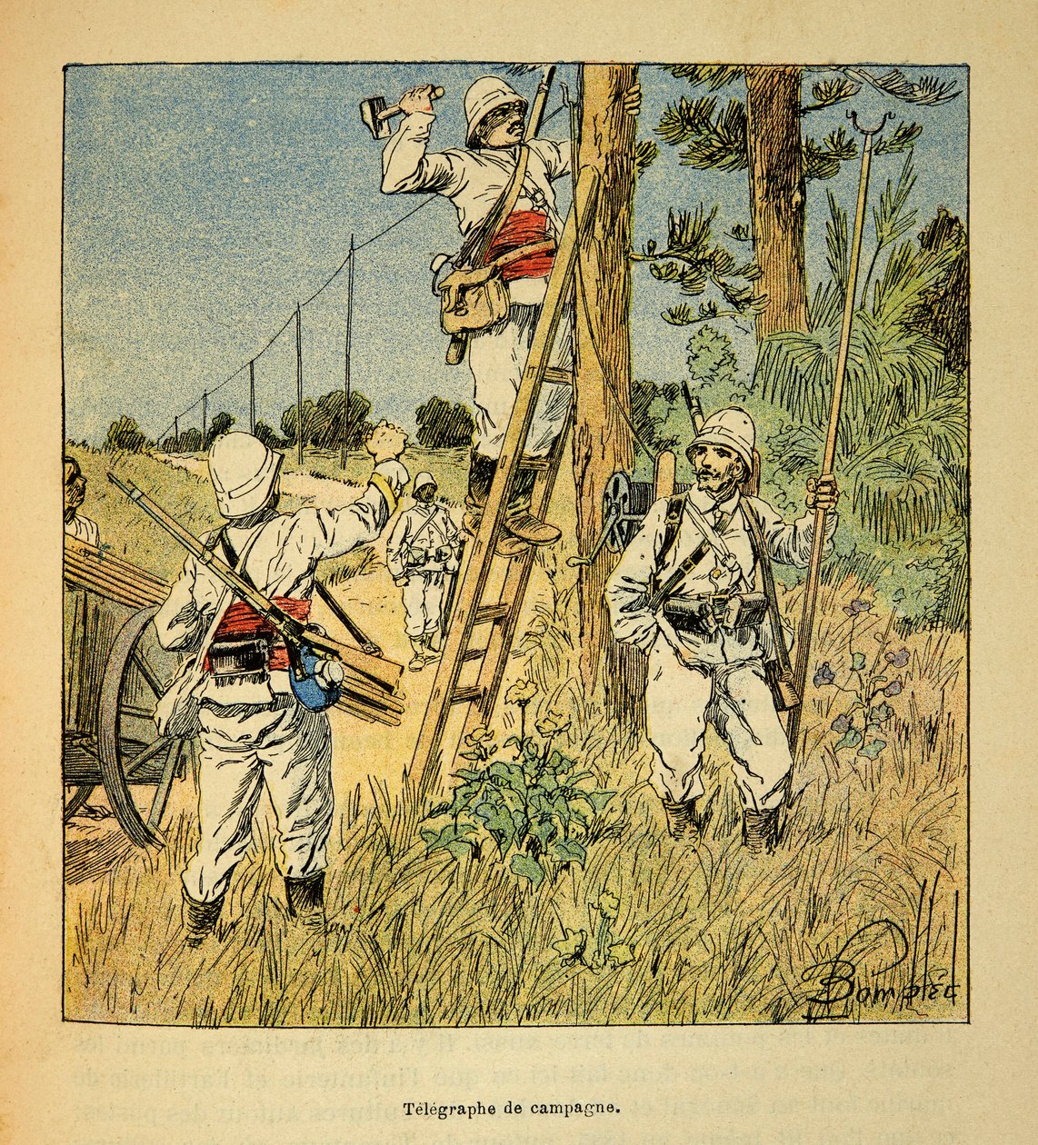 Krigen i Madagaskar-Anekdotisk historie om de franske ekspeditioner 1885-1895 af Henri Galli dit Galllichet (1854-1922), illustreret af Louis Bombled (1862-1927): Implementering af kampagnetelegrafen af militæret i Madagaskar i 1895, privat saml af Louis Charles Bombled