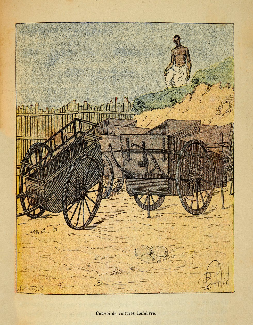 Krigen i Madagaskar-Anekdotisk historie om de franske ekspeditioner 1885-1895 af Henri Galli dit Galllichet (1854-1922), illustreret af Louis Bombled (1862-1927): Konvoj af biler Lefebvre bruger til forsyning af tropper, Privat samling af Louis Charles Bombled