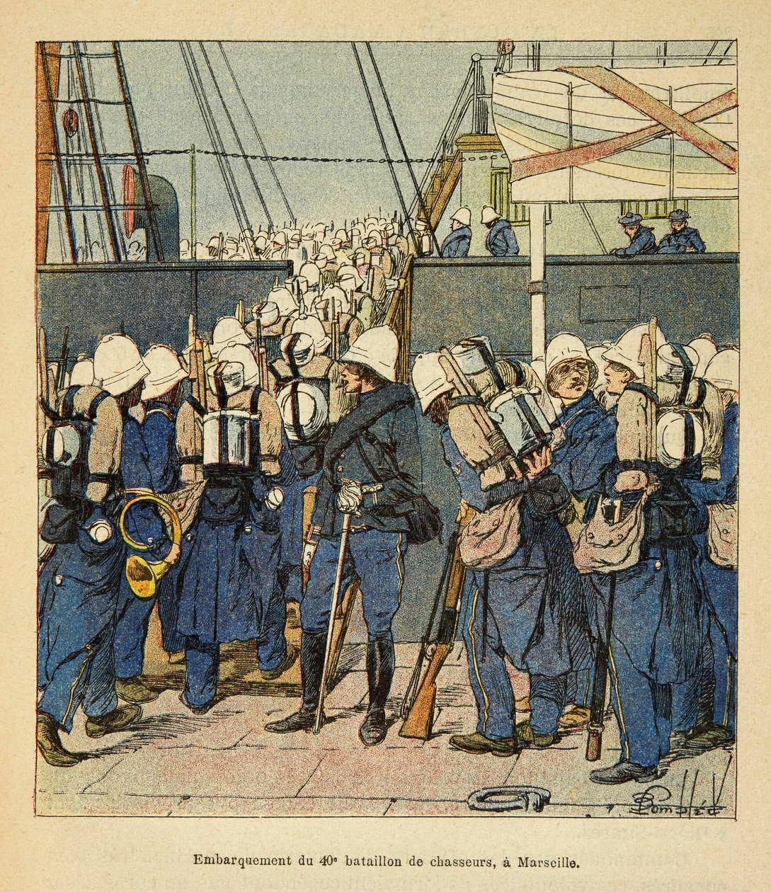 Krigen i Madagaskar-Anekdotisk historie om de franske ekspeditioner 1885-1895 af Henri Galli dit Galllichet (1854-1922), illustreret af Louis Bombled (1862-1927): Indskibning af den 40. jagerbataljon i Marseille til Madasgascar i 1895, menig colle af Louis Charles Bombled