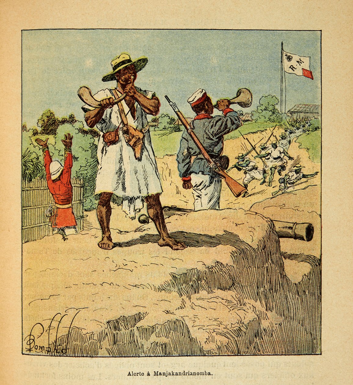 Krigen i Madagaskar-Anekdotisk historie om de franske ekspeditioner 1885-1895 af Henri Galli dit Galllichet (1854-1922), illustreret af Louis Bombled (1862-1927): Madagaskars tropper i alarmberedskab i Manjakandrianomba ved ankomsten af franske tropper i 1 af Louis Charles Bombled