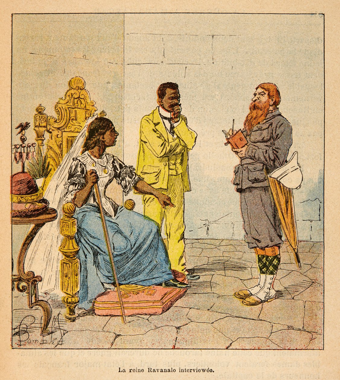 Krigen i Madagaskar-Anekdotisk historie om de franske ekspeditioner 1885-1895 af Henri Galli dit Galllichet (1854-1922), illustreret af Louis Bombled (1862-1927): en engelsk journalist interviewede dronning Ravanalo i 1895 i nærværelse af hans premierminis af Louis Charles Bombled