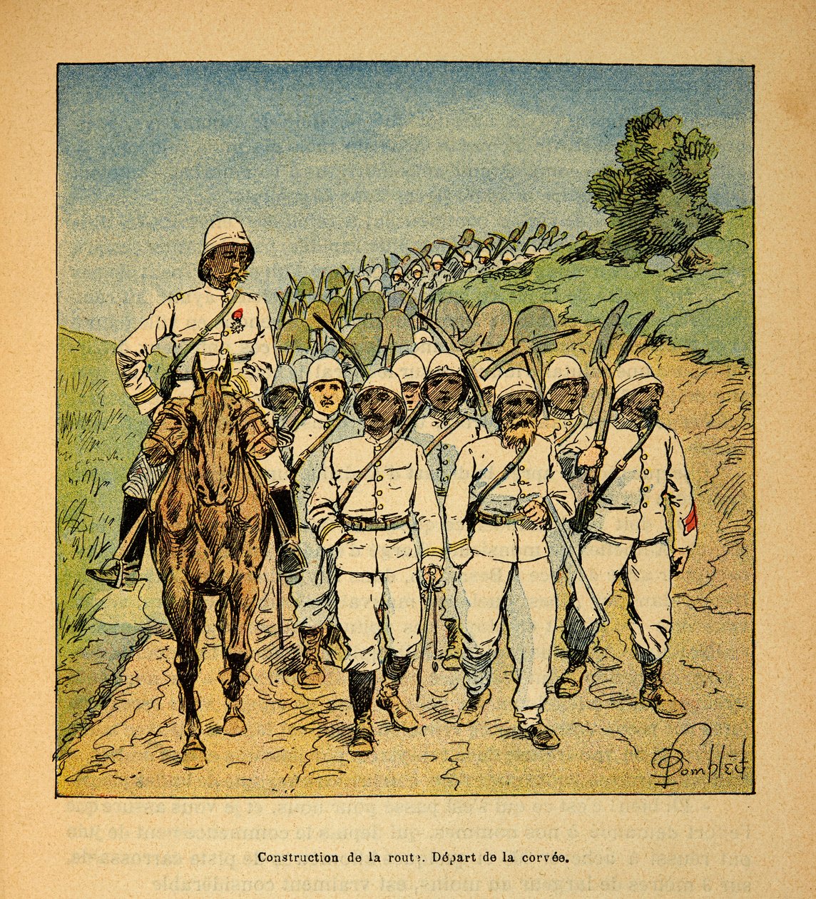 Krigen i Madagaskar-Anekdotisk historie om de franske ekspeditioner i 1885-1895 af Henri Galli dit Galllichet (1854-1922), illustreret af Louis Bombled (1862-1927): Anlæg af en vej i Madagaskar, begyndelsen af corvee, Privat samling af Louis Charles Bombled