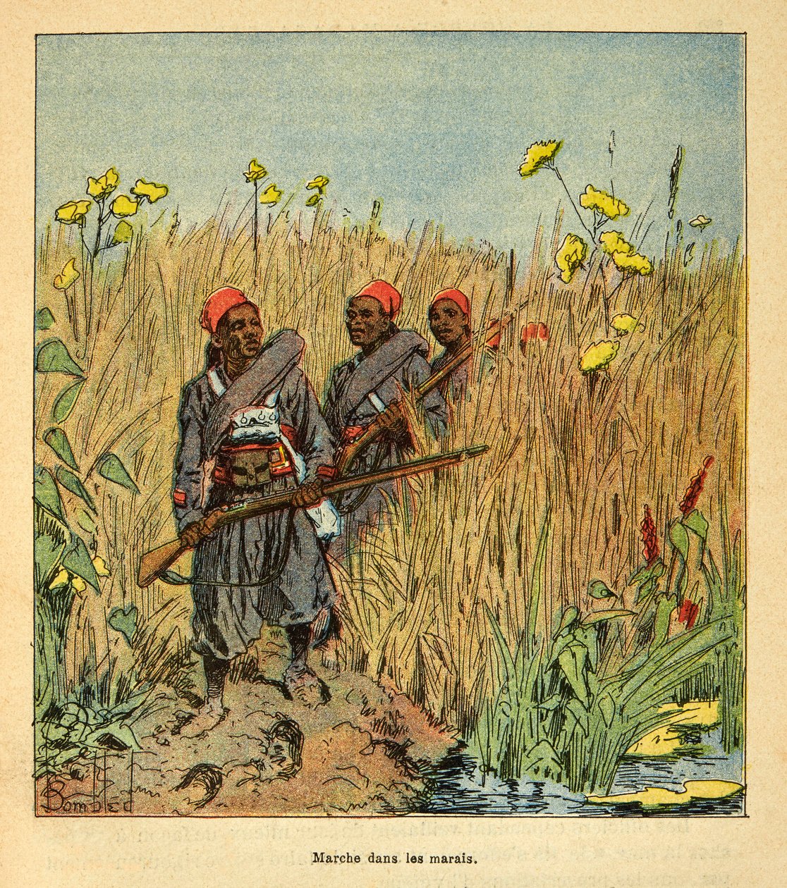 Krigen i Madagaskar-Anekdotisk historie om de franske ekspeditioner 1885-1895 af Henri Galli dit Galllichet (1854-1922), illustreret af Louis Bombled (1862-1927): Franske tropper på ekspedition i marsken i Madagaskar i 1895, Privat samling af Louis Charles Bombled