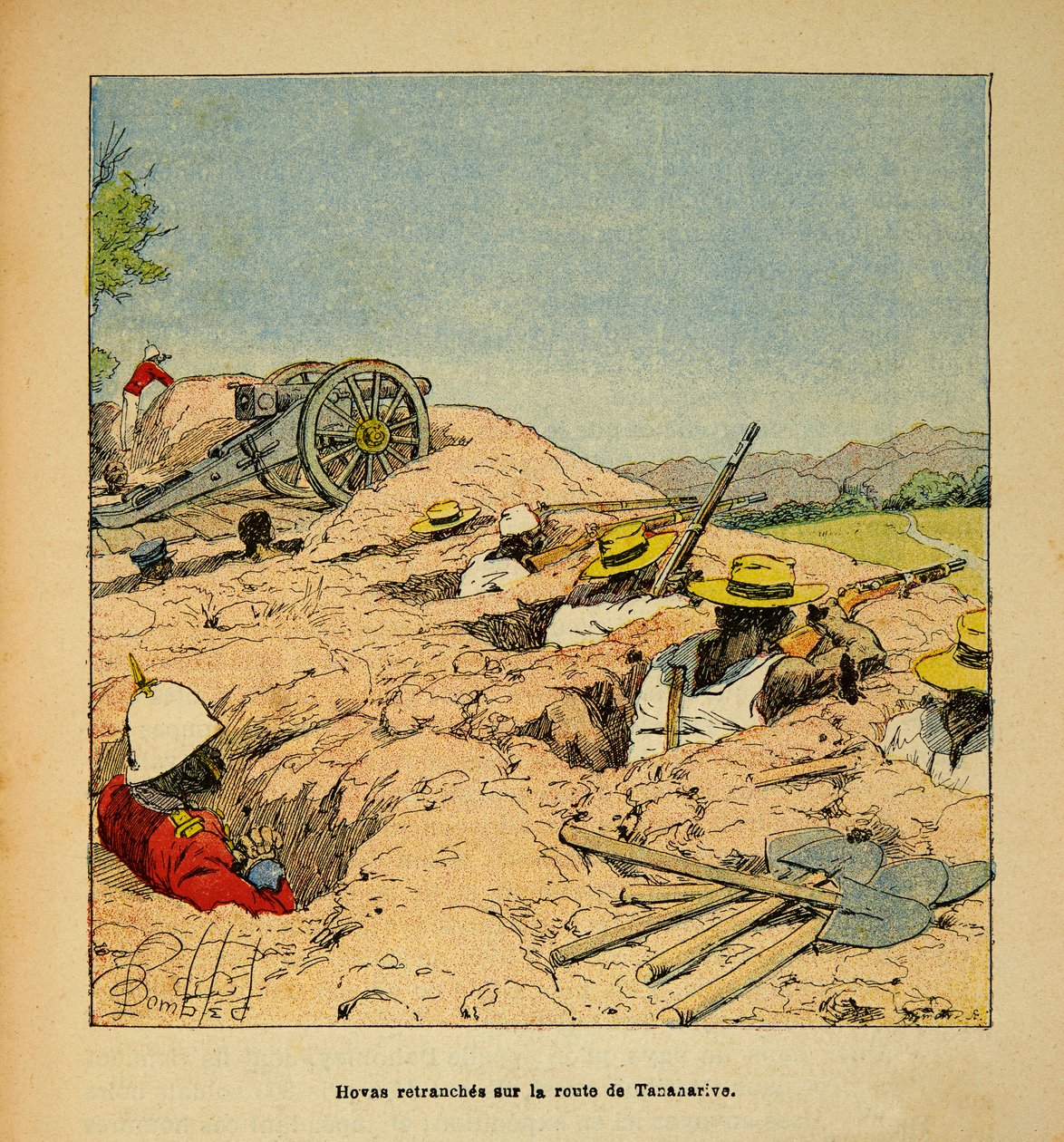 Krigen i Madagaskar-Anekdotisk historie om de franske ekspeditioner 1885-1895 af Henri Galli dit Galllichet (1854-1922), illustreret af Louis Bombled (1862-1927): Hovas-trup-skyttegrave på vejen til Tannarive i 1895, privat samling af Louis Charles Bombled