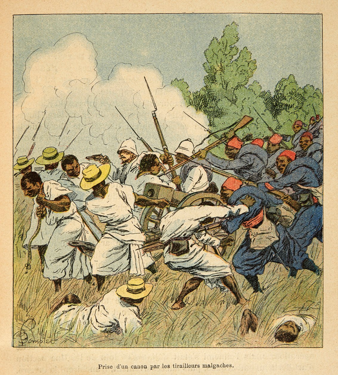 Krigen på Madagaskar - Anekdotisk historie om de franske ekspeditioner i 1885-1895 af Henri Galli dit Galllichet (1854-1922), illustreret af Louis Bombled (1862-1927): Madagaskar beslaglagde en kanon under Ambolomonty-slagene i 1895, Privat Samling af Louis Charles Bombled