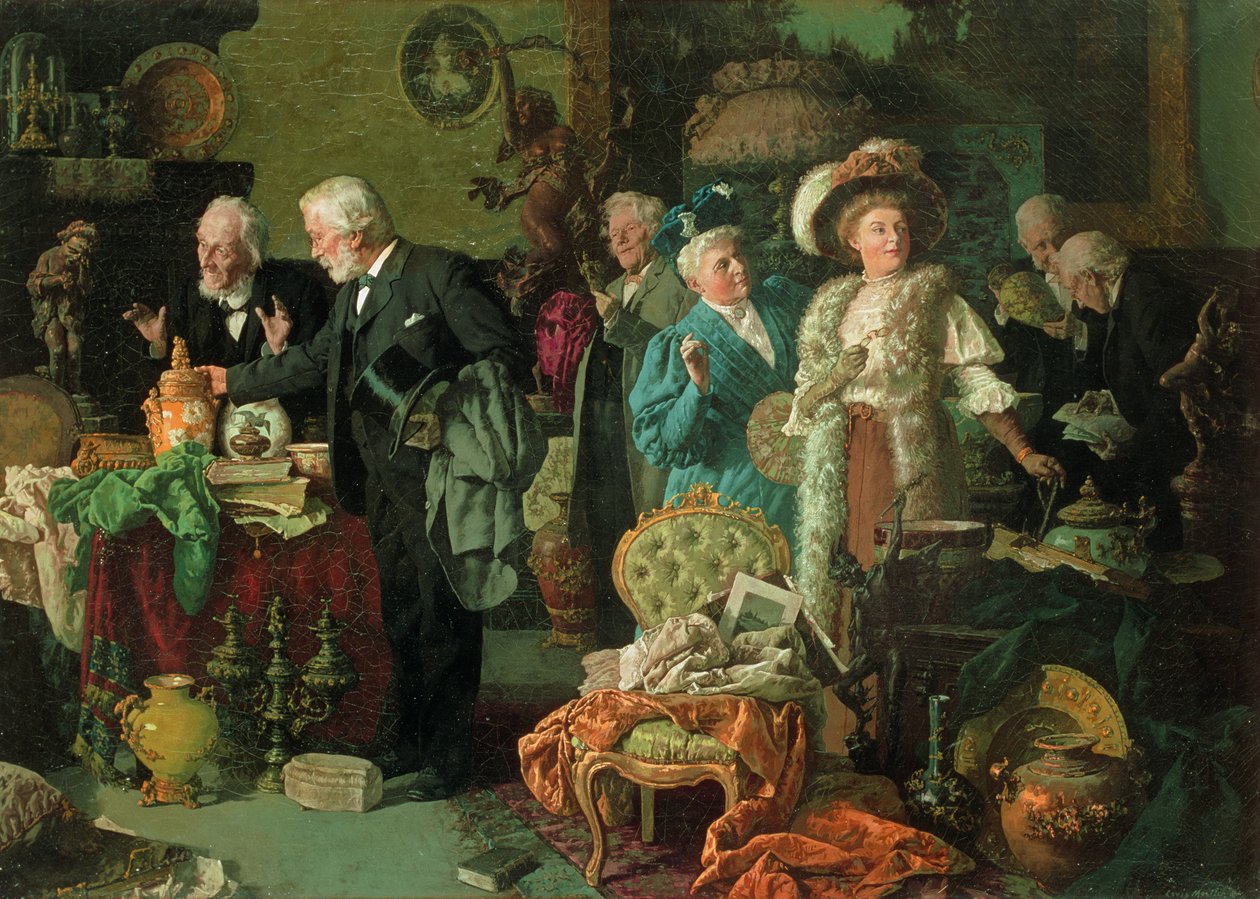 Kendere i en antikvitetsforretning (olie på lærred) af Louis Charles Moeller
