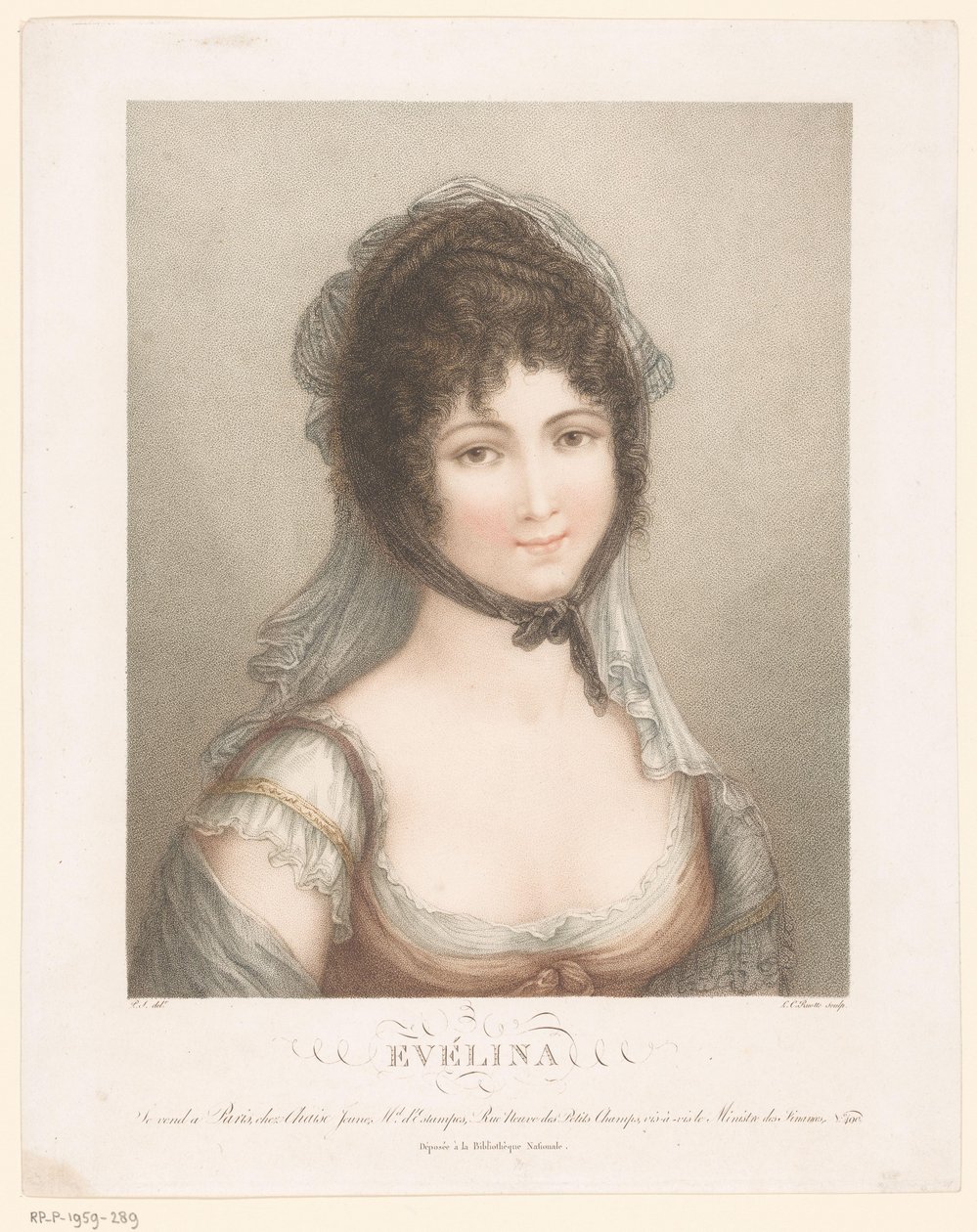 Ung kvinde med slør og krøllet hår op Evelina (titel på objekt) af Louis Charles Ruotte