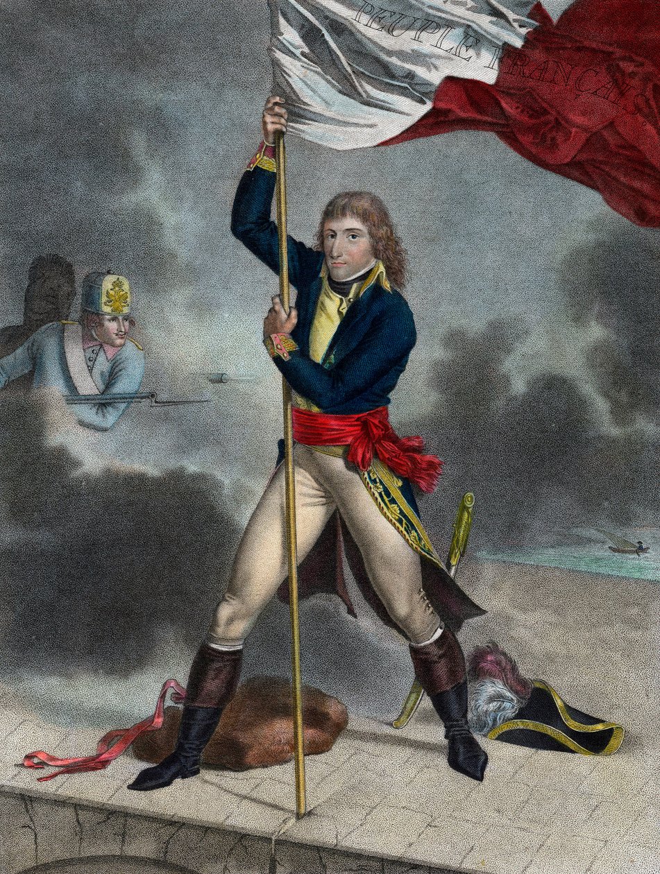 Napoleon Bonaparte under slaget ved Arcole-broen (Arcola), november 1796 - Buonaparte General da Chief of the Armee of Italy planter et flag på Arcole-broen i 1796 - gravering af Louis Charles Ruotte af Louis Charles Ruotte