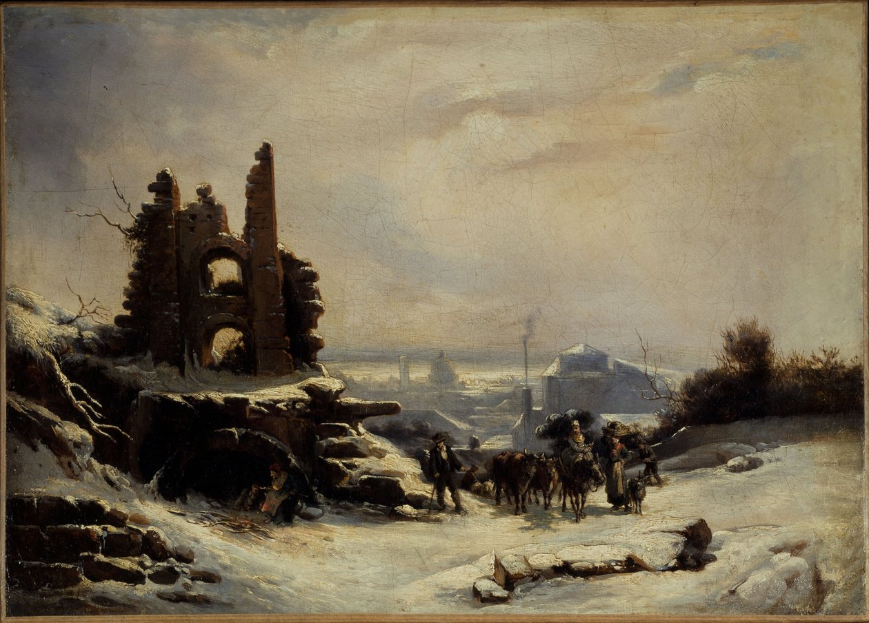 Hjemkomsten fra markedet (sneeffekt over Paris), ca. 1830 (olie på lærred) af Louis Claude Mallebranche