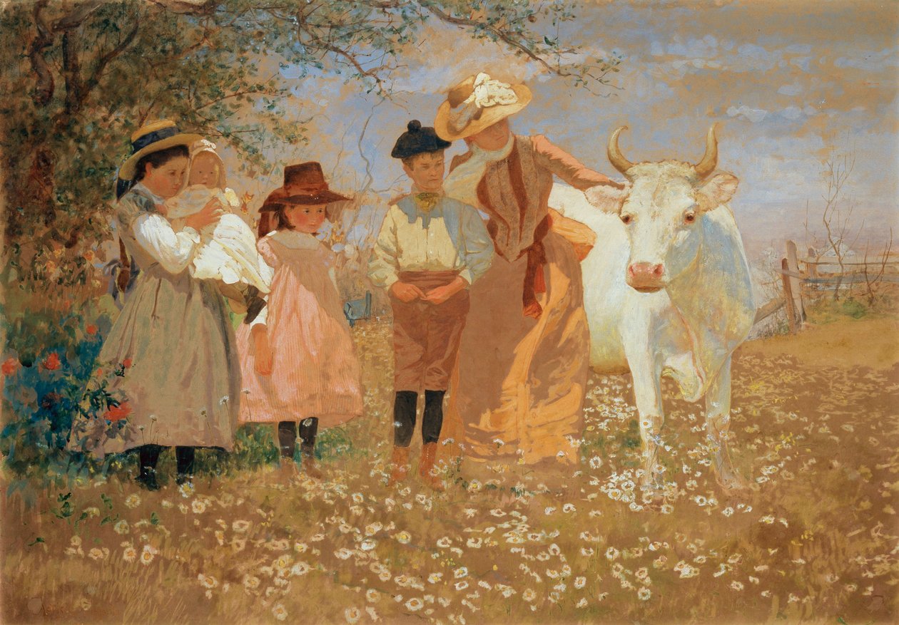 Familiegruppe med ko, ca. 1888 af Louis Comfort Tiffany