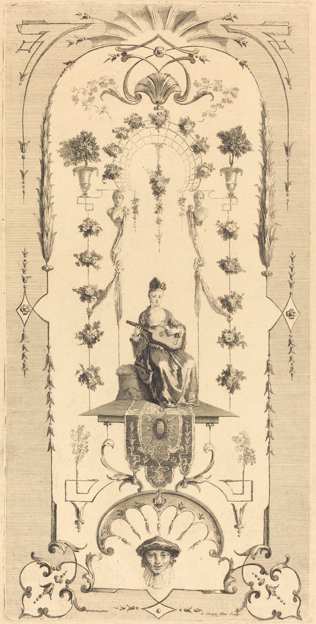 Siddende kvinde spiller guitar af Louis Crépy after Antoine Watteau