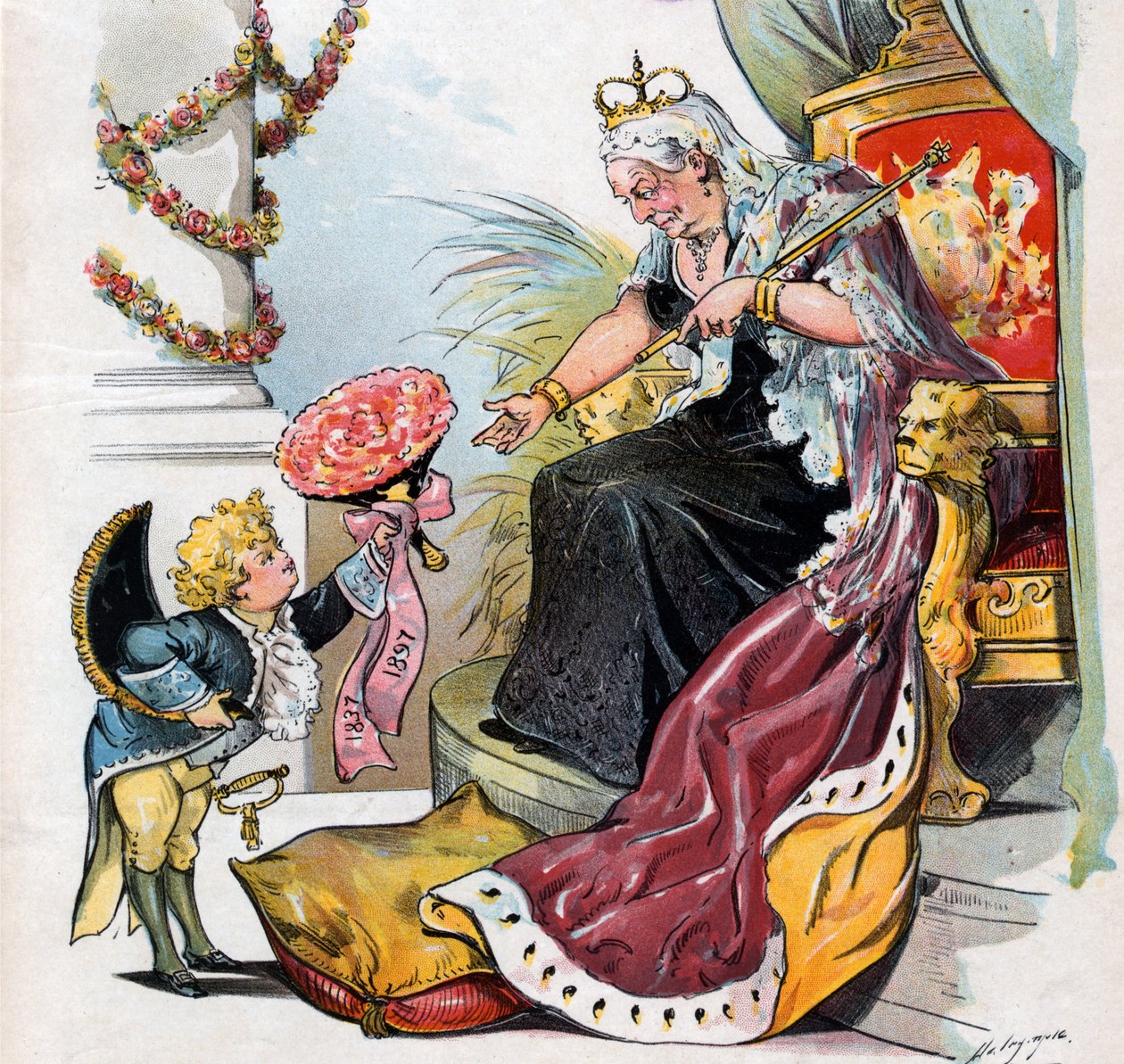 Puck bukker og overrækker en buket blomster med påskriften "1837 1897" til dronning Victoria af Louis Dalrymple
