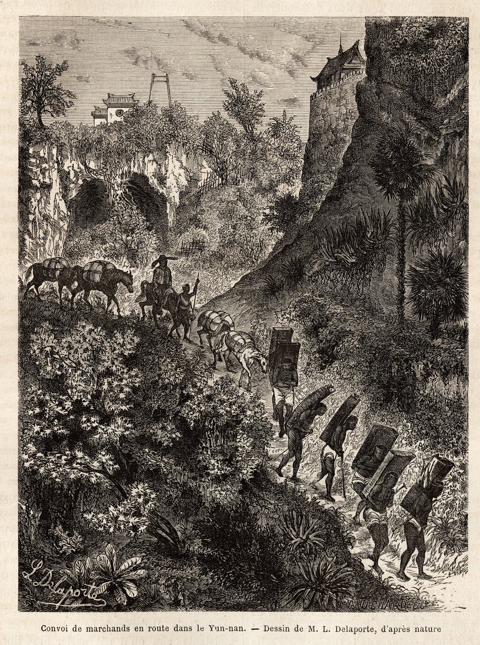 En konvoj af købmænd og deres portører på vej til Yunnan (Kina), indgraveret efter tegningen af L. Delaporte, for at illustrere udforskningsrejsen i Indokina af Francis Garnier, skibsløjtnant, i 1866-1868, udgivet i "" Le tour du monde”” 187 af Louis Delaporte