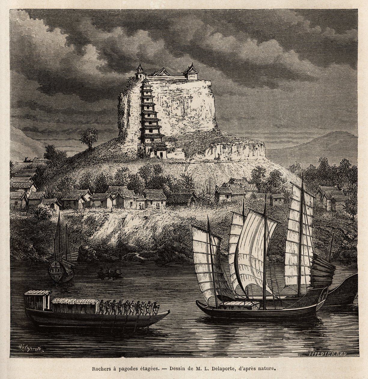 En klippe med pagodescener og forskellige både på den blå flod (Kina), gravering efter tegningen af L.Delaporte, for at illustrere udforskningsrejsen i Indokina af Francis Garnier, skibløjtnant, i 1866-1868, udgivet i " ” Le tour du monde af Louis Delaporte