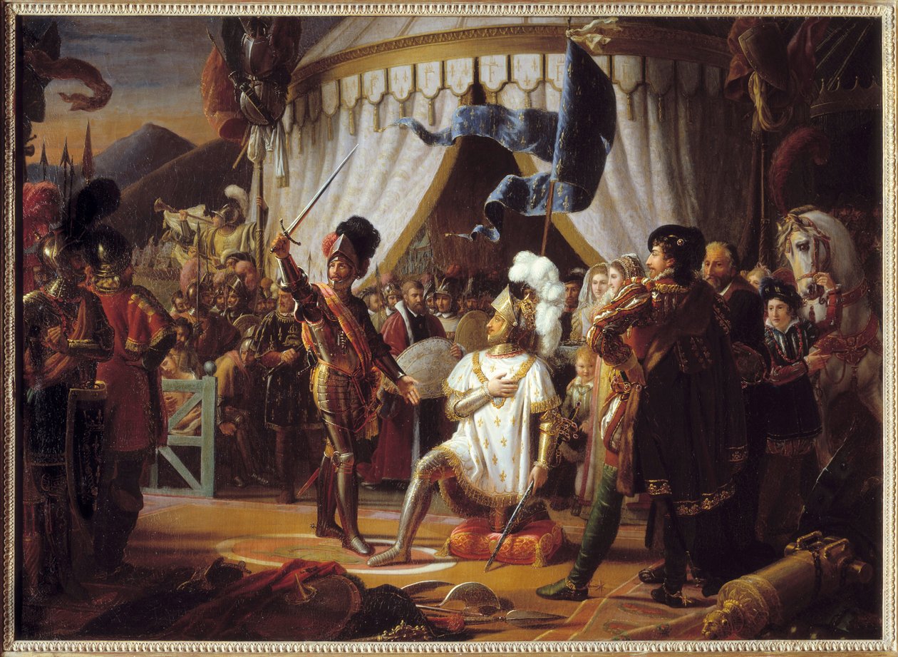 Frans I af Frankrig anmoder om at blive slået til ridder af Chevalier Bayard efter sejren i slaget ved Marignano, Italien, 1515 - af Louis Ducis
