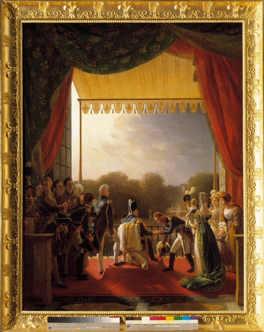 Ludvig XVIII, omgivet af medlemmer af den kongelige familie, deltog i Tuileriernes balkon, da den spanske hær vendte tilbage den 2. december af Louis Ducis